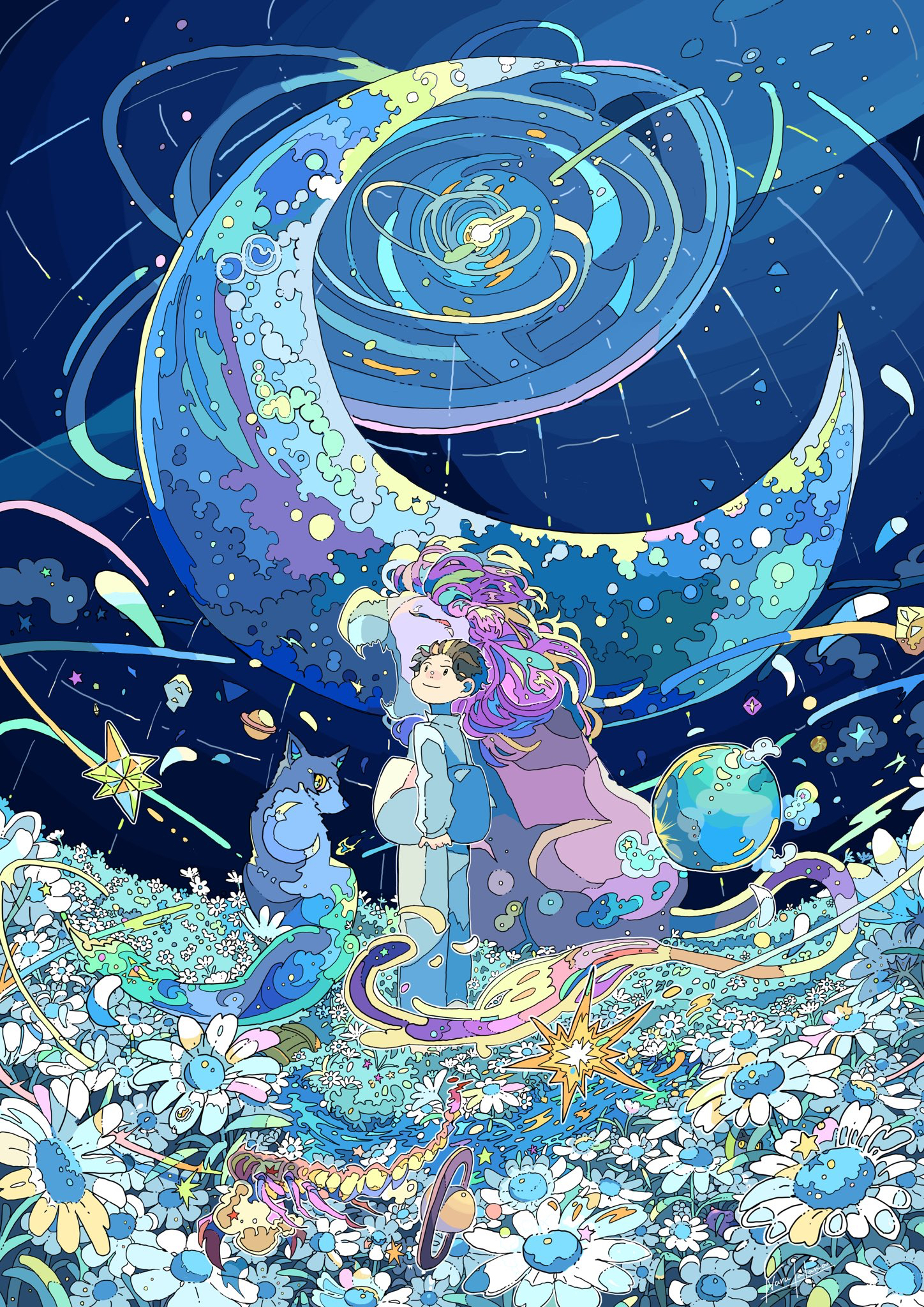Anime 1448x2048 Moon wolf anime boys animals stars flowers