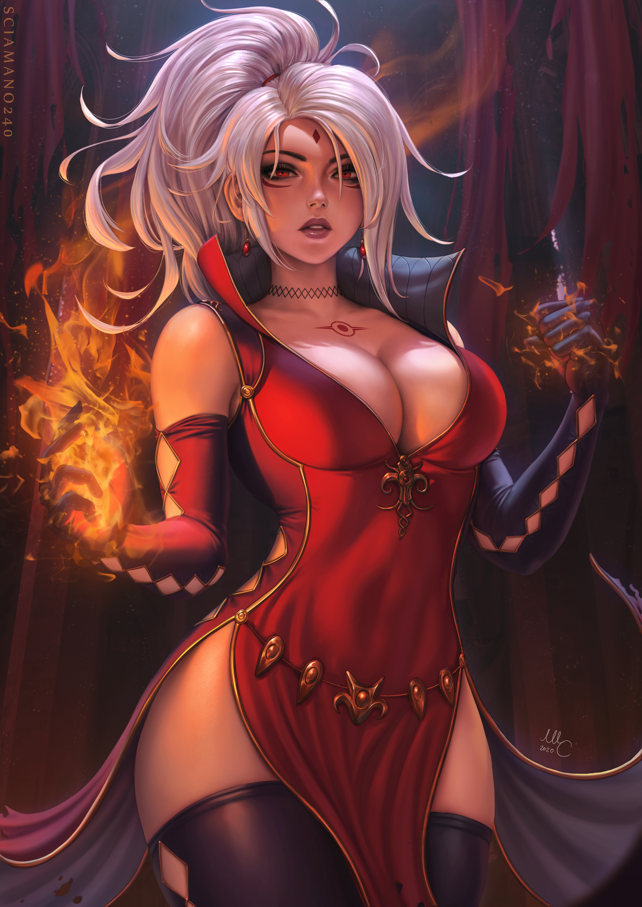 General 2124x3000 Mirco Cabbia drawing white hair red eyes thigh-highs wide hips dress ponytail face paint fire big boobs cleavage skimpy clothes women original characters looking at viewer bianca (Sciamano240) watermarked digital art