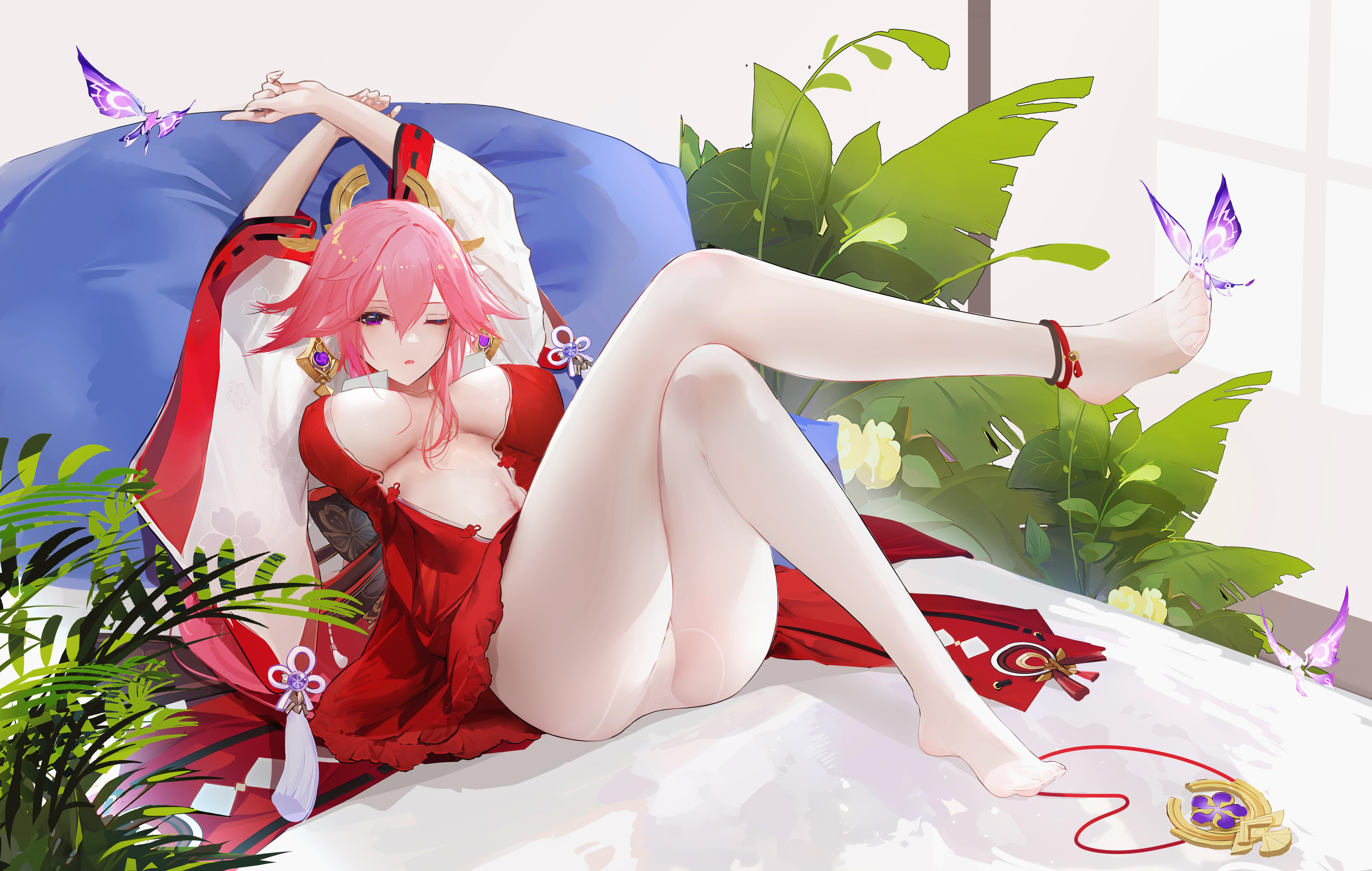 Anime 5800x3680 anime anime girls Omone Hokoma Agm pink hair boobs big boobs curvy thighs legs one eye closed hair in face red clothing looking at viewer butterfly animals insect plants open clothes red dress dress Genshin Impact Yae Miko (Genshin Impact)