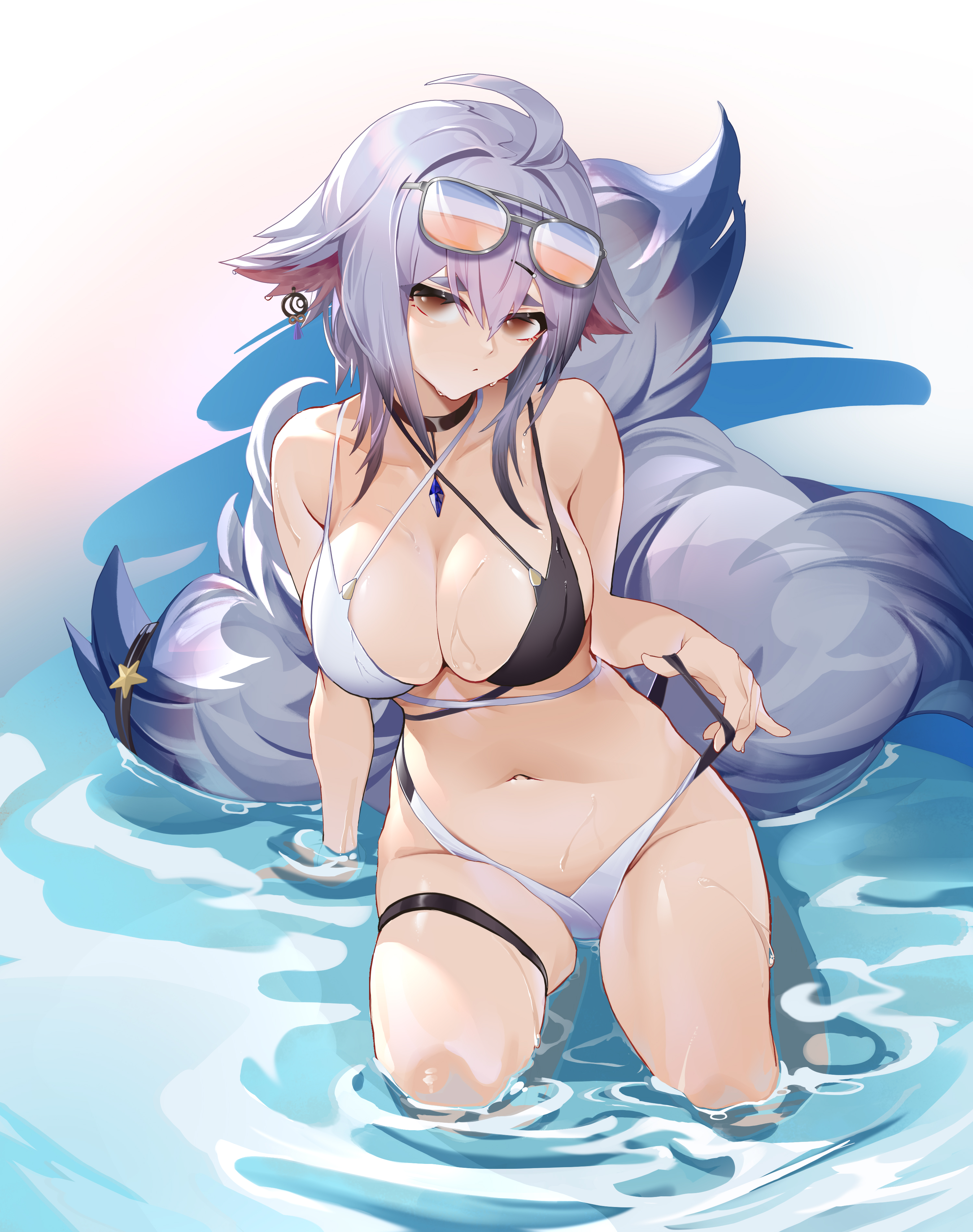 Anime 3000x3800 anime anime girls swimwear bikini big boobs fox girl fox ears fox tail cleavage goggles