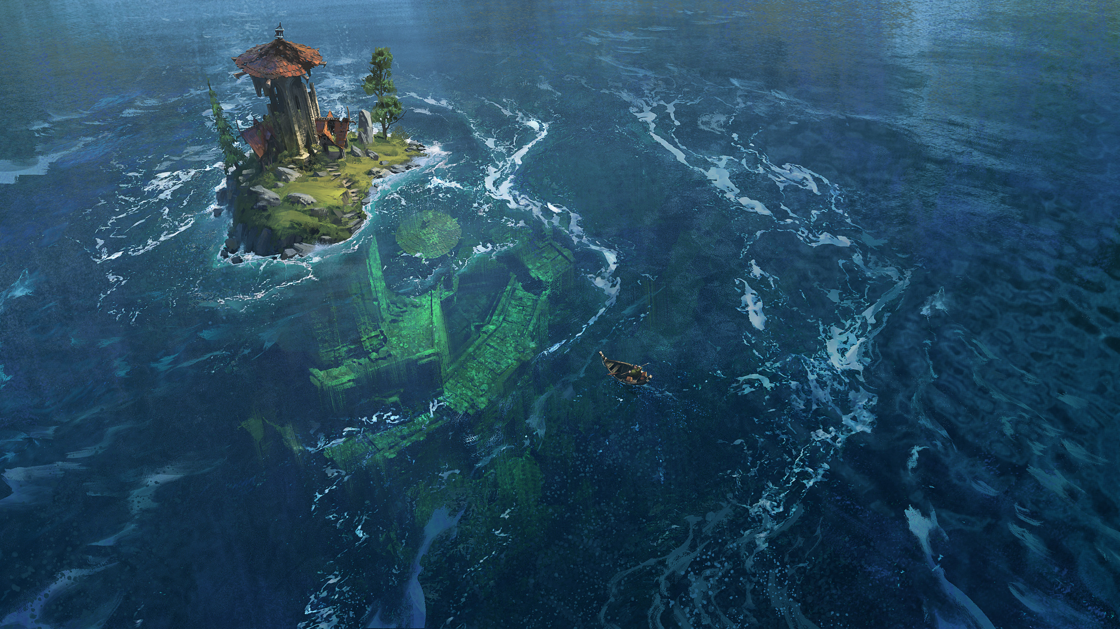 General 3840x2159 artwork digital art fantasy art island ruins underwater rowboat Abandoned city boat Grady Frederick