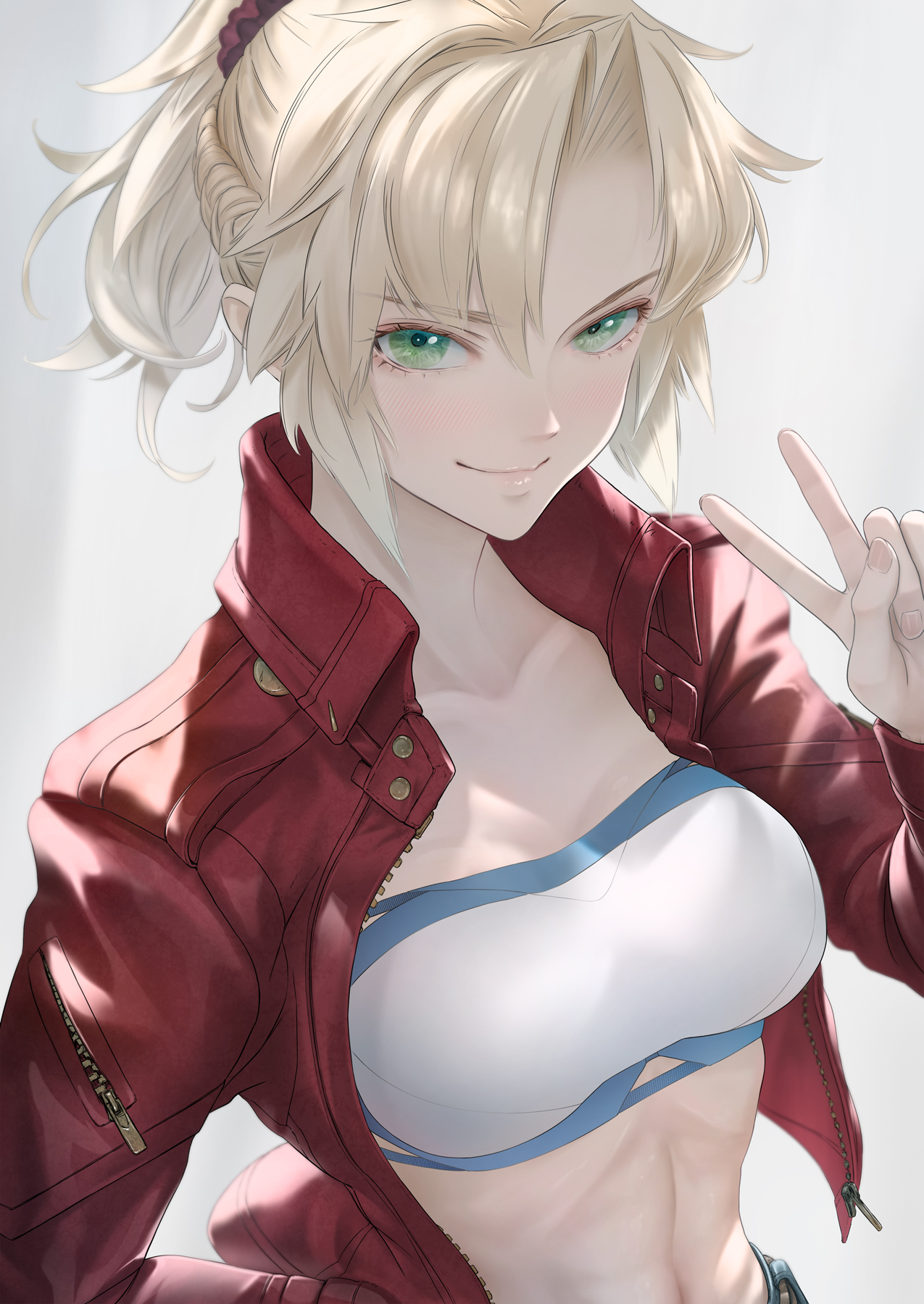 Anime 1275x1800 Fate/Apocrypha  Fate series cleavage peace sign red jackets ponytail bangs green eyes smiling blushing anime girls bandeau top french braids Mordred (Fate/Apocrypha) Fate/Grand Order curvy high angle anime 2D looking at viewer portrait display fan art I_MI_ZU open jacket crop top blonde