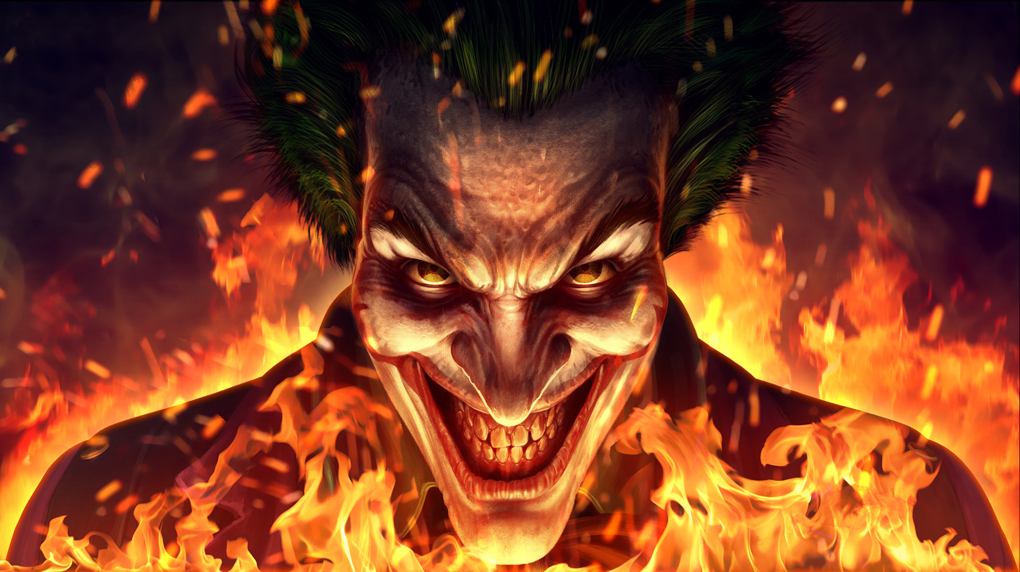 General 2000x1122 artwork digital art Joker fictional character face smiling fire cropped
