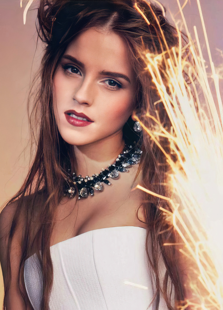 People 920x1280 Emma Watson women actress face lipstick necklace sparks gradient makeup long hair hair extensions celebrity looking at viewer women indoors red lipstick brunette studio