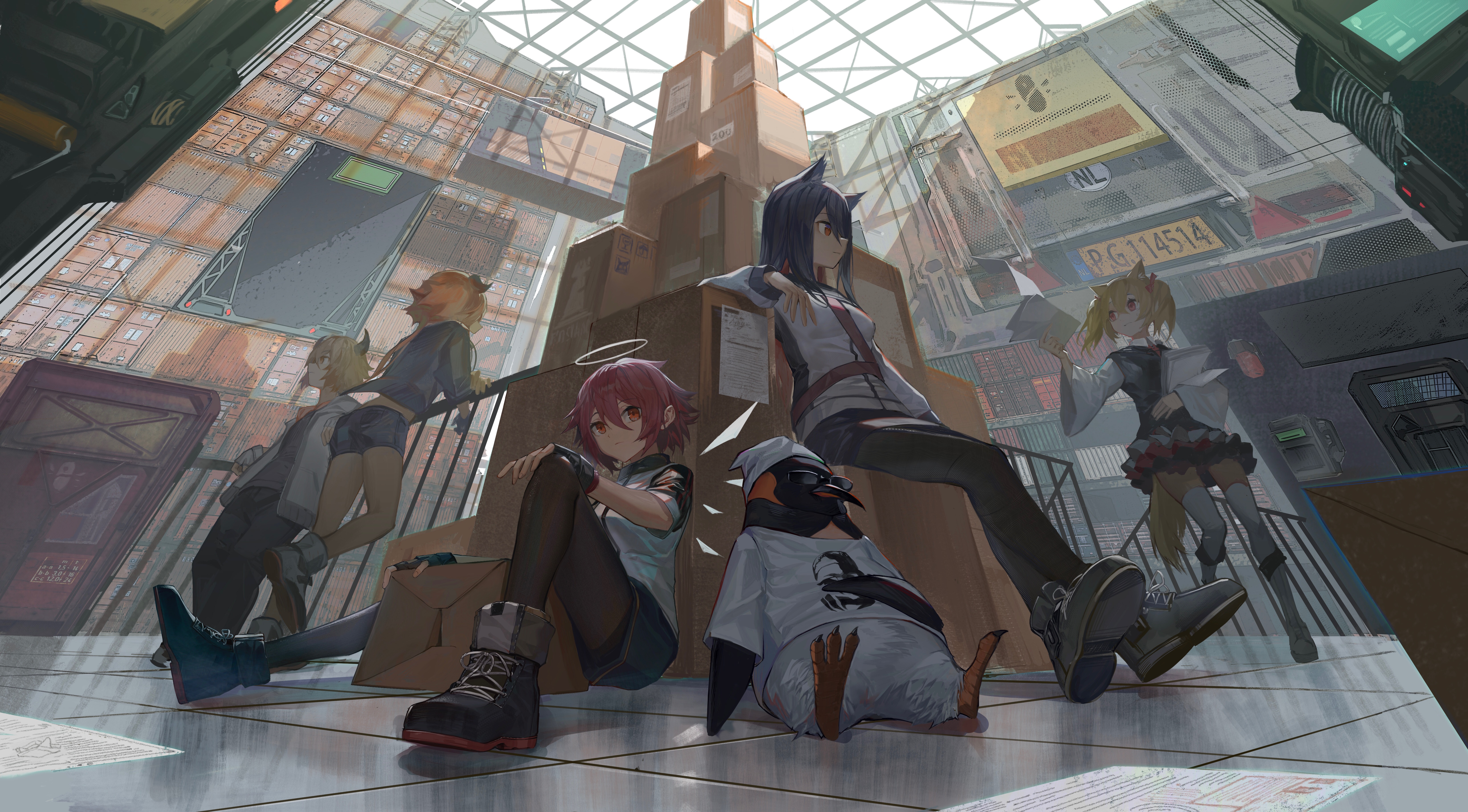 Anime 6595x3649 Arknights anime games anime girls redhead animal eyes sitting group of women anime red eyes penguins Exusiai (Arknights) Texas (Arknights) Sora (Arknights) Emperor(arknights) Croissant (Arknights) Bison(Arknights)