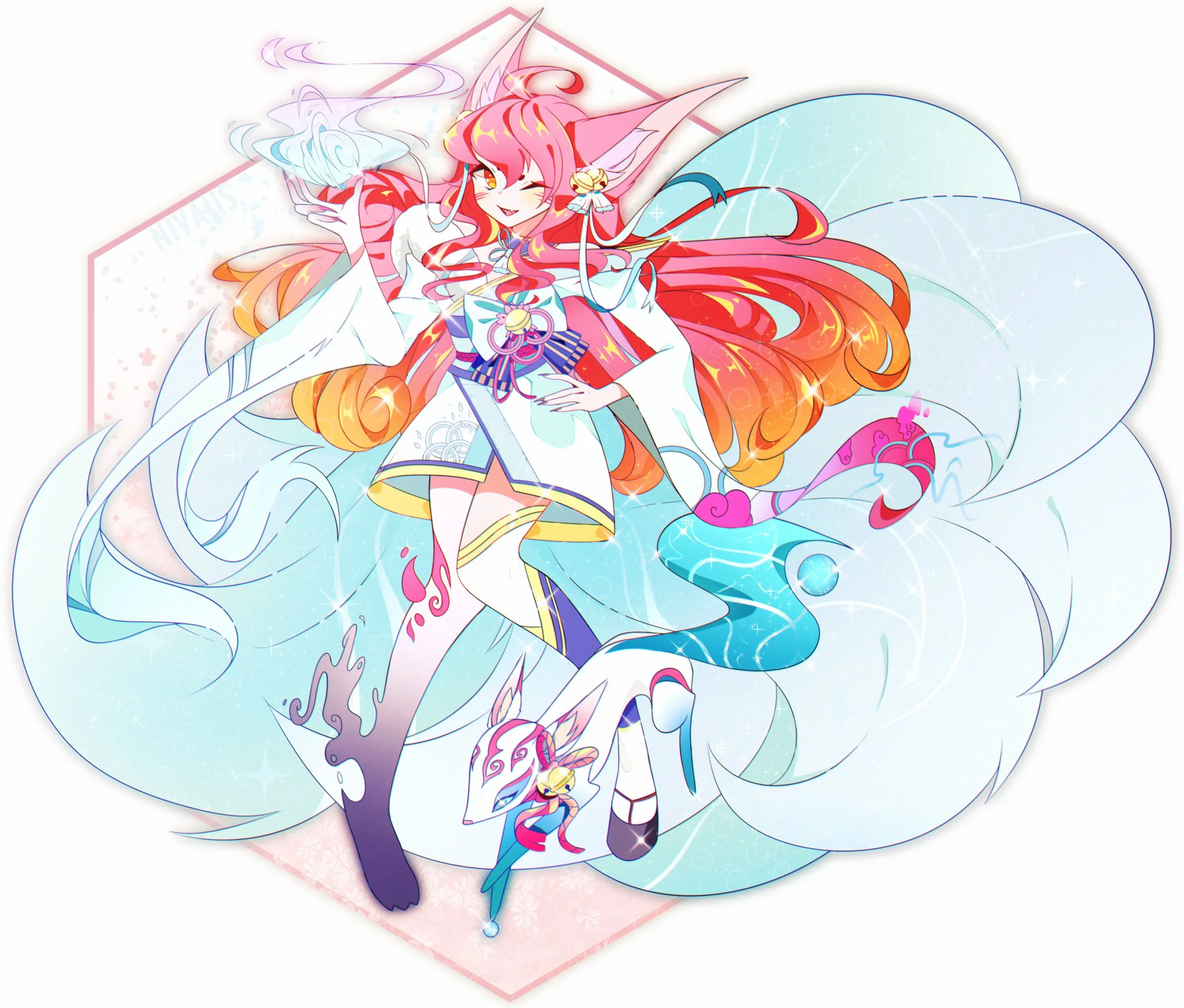 Anime 1920x1635 League of Legends Ahri (League of Legends) fan art anime girls anime white background video game girls video game characters one eye closed pink hair long hair animal ears