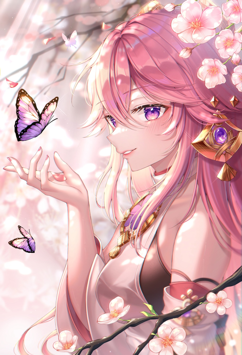 Anime 1020x1500 Yae Miko (Genshin Impact) pink hair artwork anime girls Genshin Impact video game characters butterfly cherry blossom purple eyes