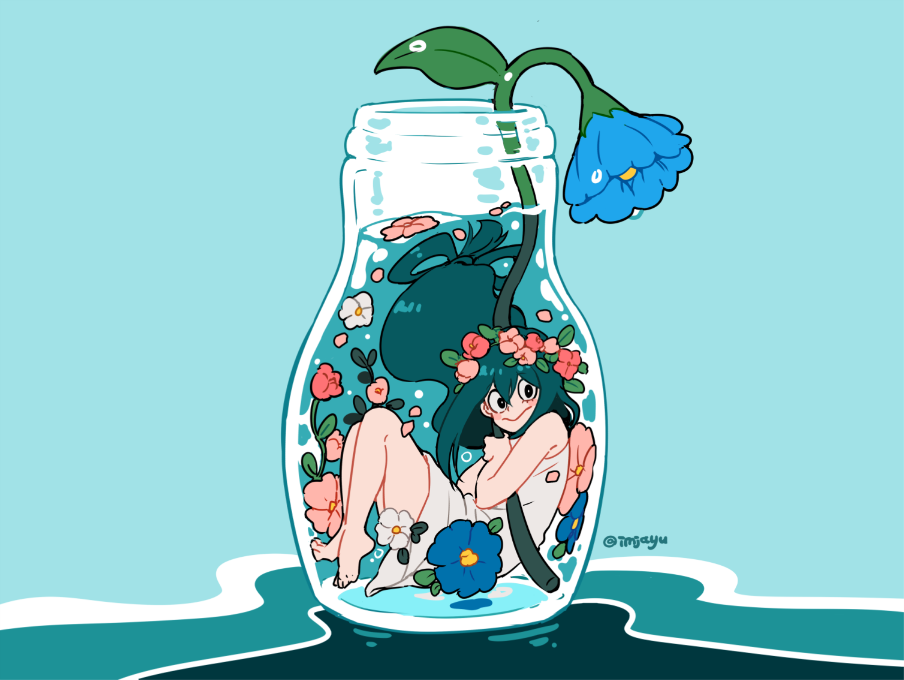 Anime 1805x1358 Boku no Hero Academia Tsuyu Asui anime girls underwater flowers cyan background simple background anime
