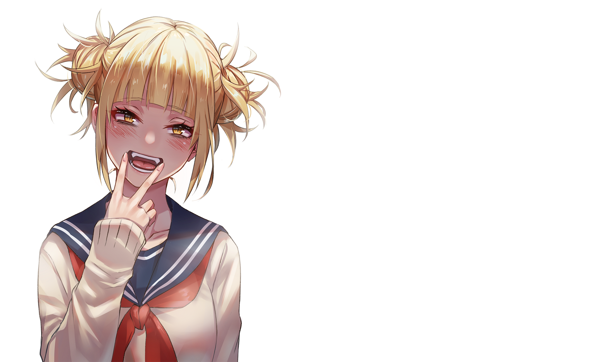 Anime 2040x1240 Boku no Hero Academia Himiko Toga fangs hand gesture open mouth blonde yellow eyes white background simple background anime girls anime