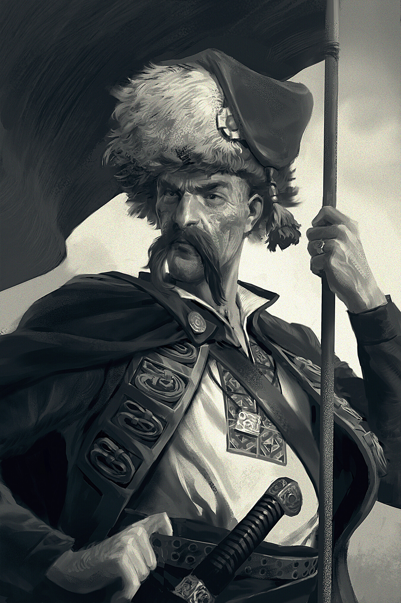General 1350x2029 drawing digital art moustache warrior Reply of the Zaporozhian Cossacks Ukraine portrait display