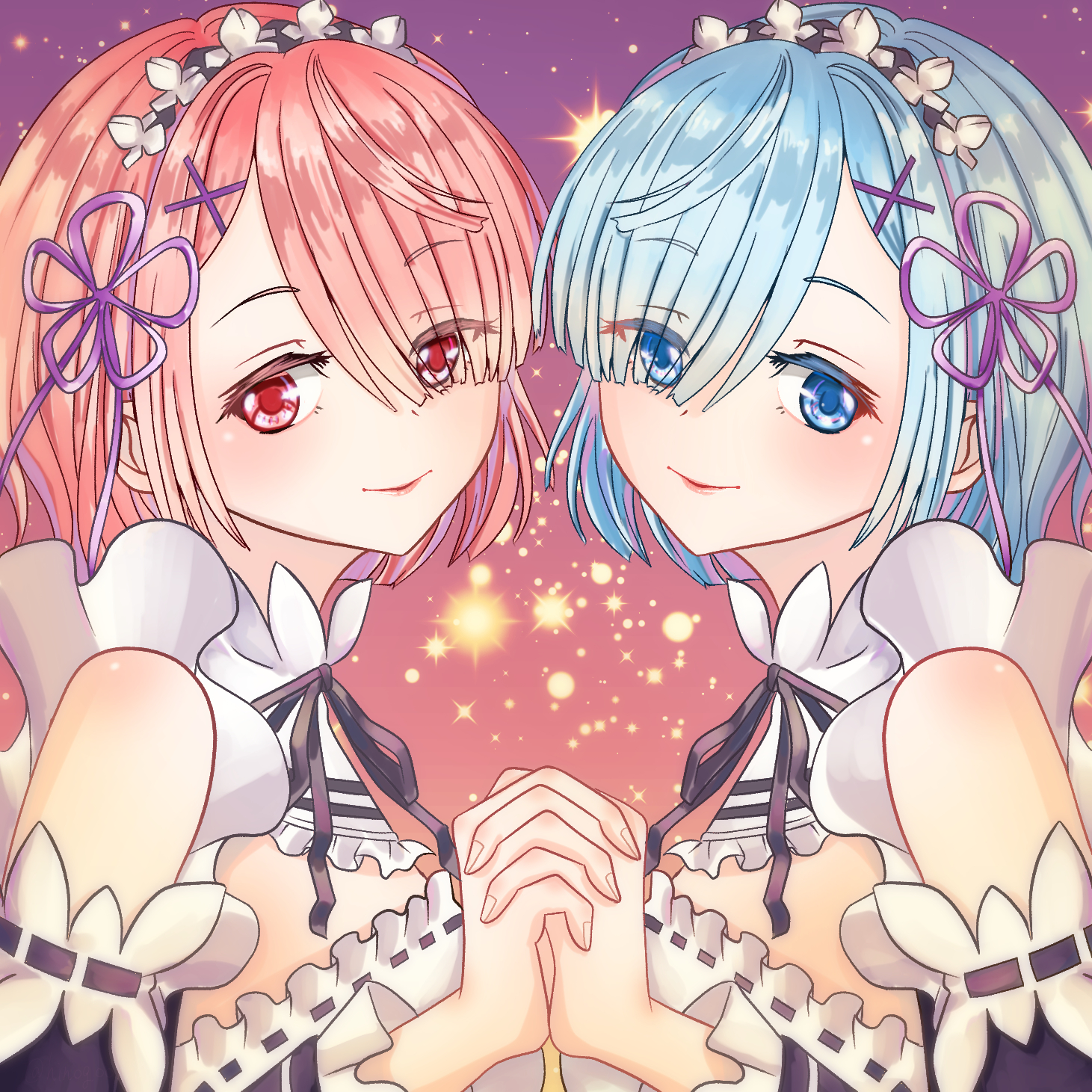 Anime 1461x1461 Re:Zero Kara Hajimeru Isekai Seikatsu Rem (Re:Zero) Ram (Re: Zero) anime anime girls blue hair pink hair twins maid maid outfit