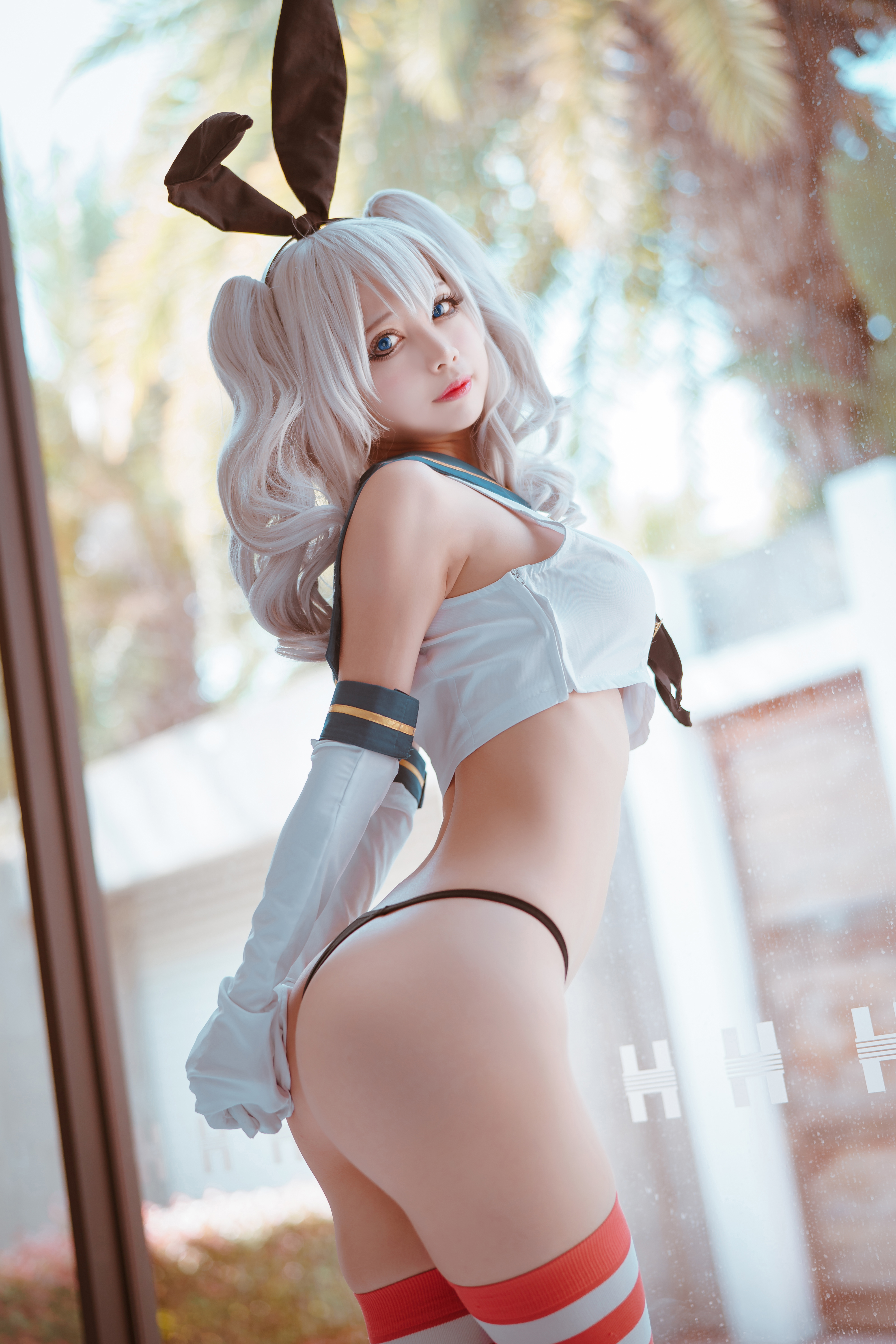 People 4000x6000 Okita Rinka women model Asian cosplay Kantai Collection Shimakaze (Kancolle) sailor uniform elbow gloves thigh high socks striped stockings ass indoors women indoors panties black panties arched back twintails bunny ears bikini side view looking at viewer portrait display