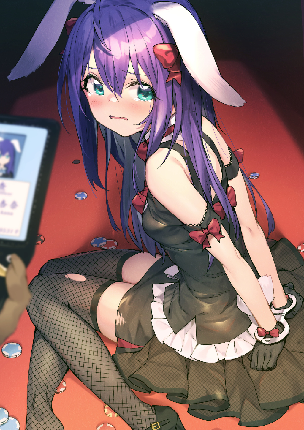 Anime 1024x1448 anime anime girls purple hair aqua eyes tears blushing bunny girl dress thigh-highs THE iDOLM@STER Mochizuki Anna Shennai Misha artwork