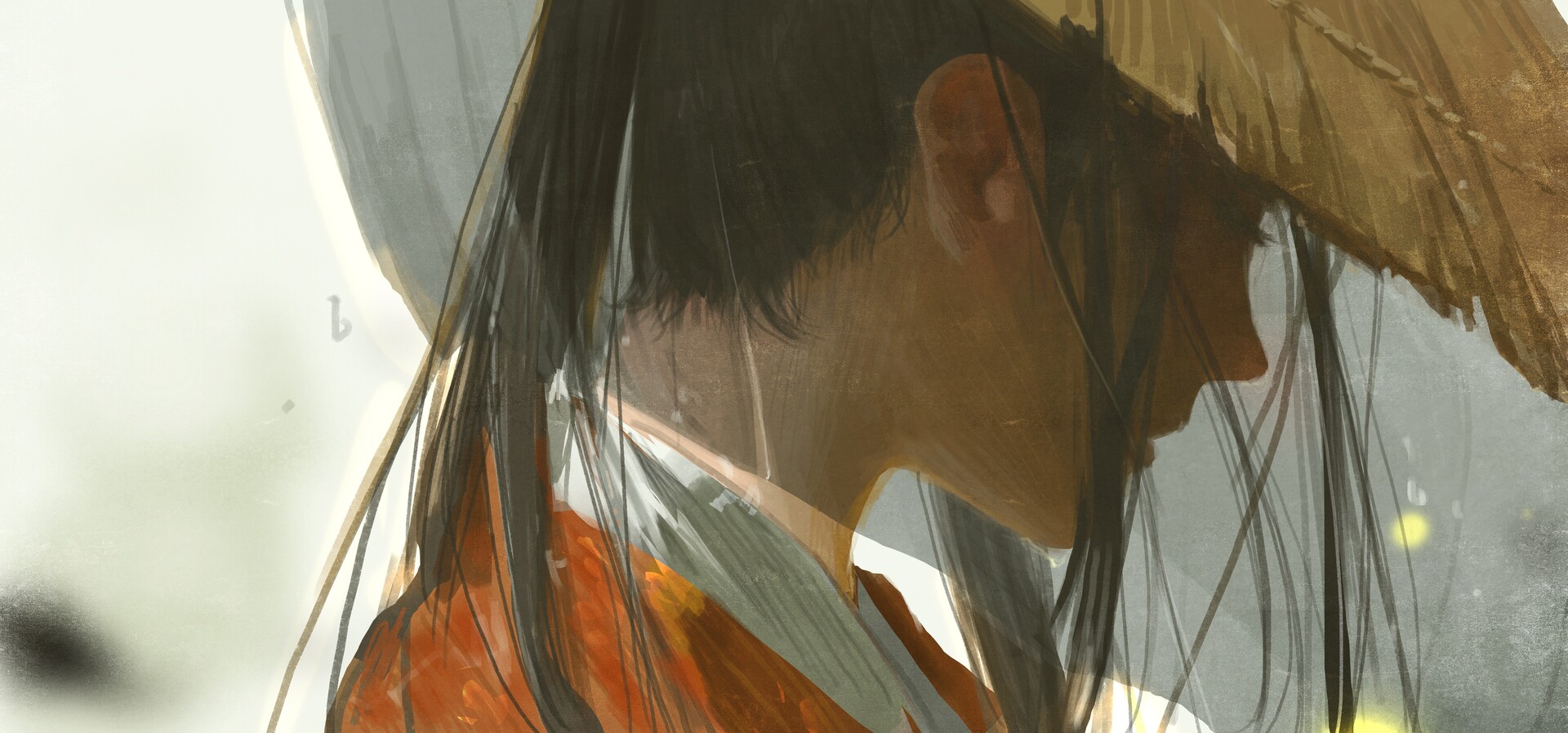 General 1920x897 artwork fantasy art women samurai ponytail long hair closed eyes