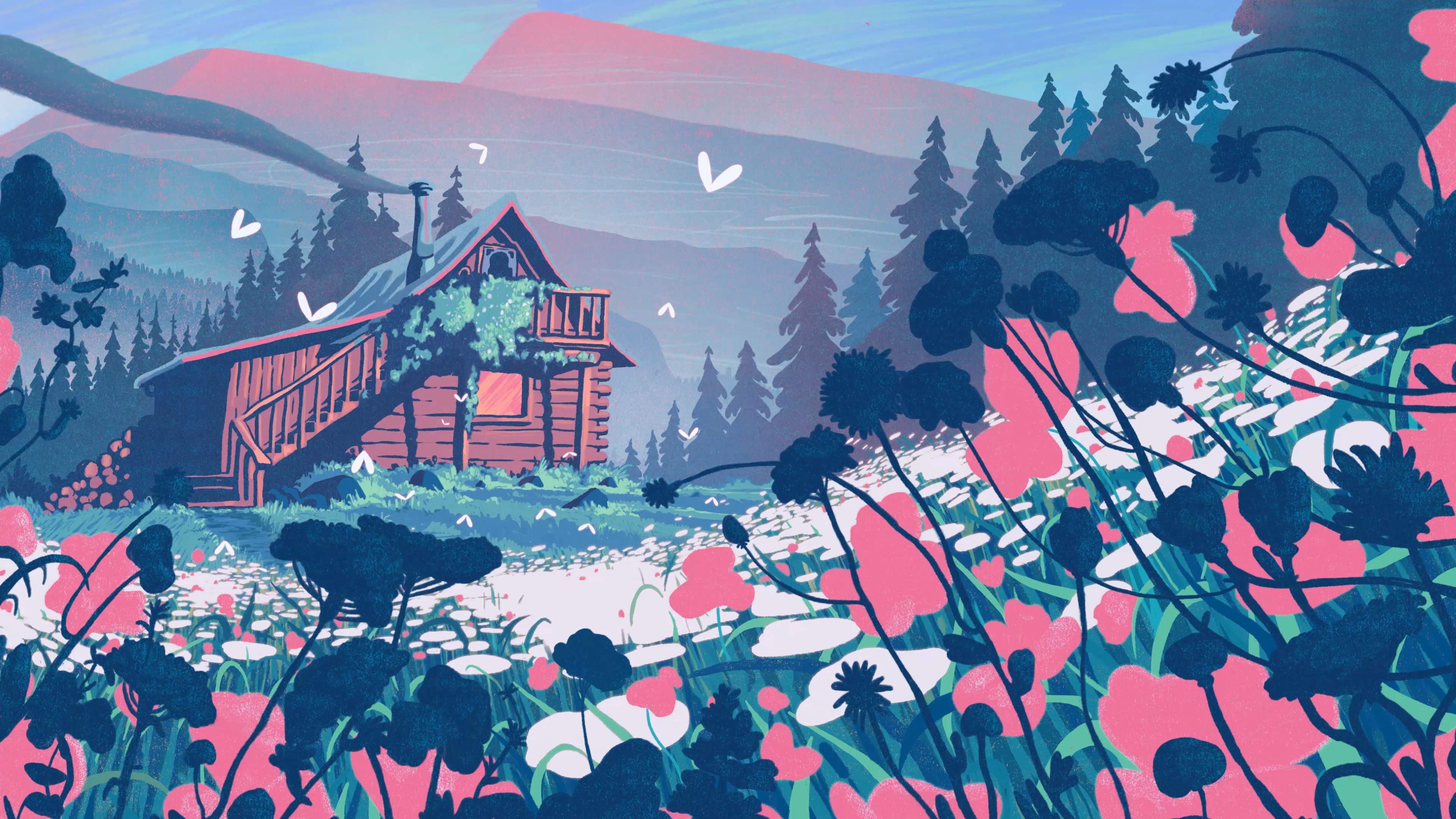 General 3840x2160 flowers cabin forest trees insect log Sean Lewis chimneys smoke