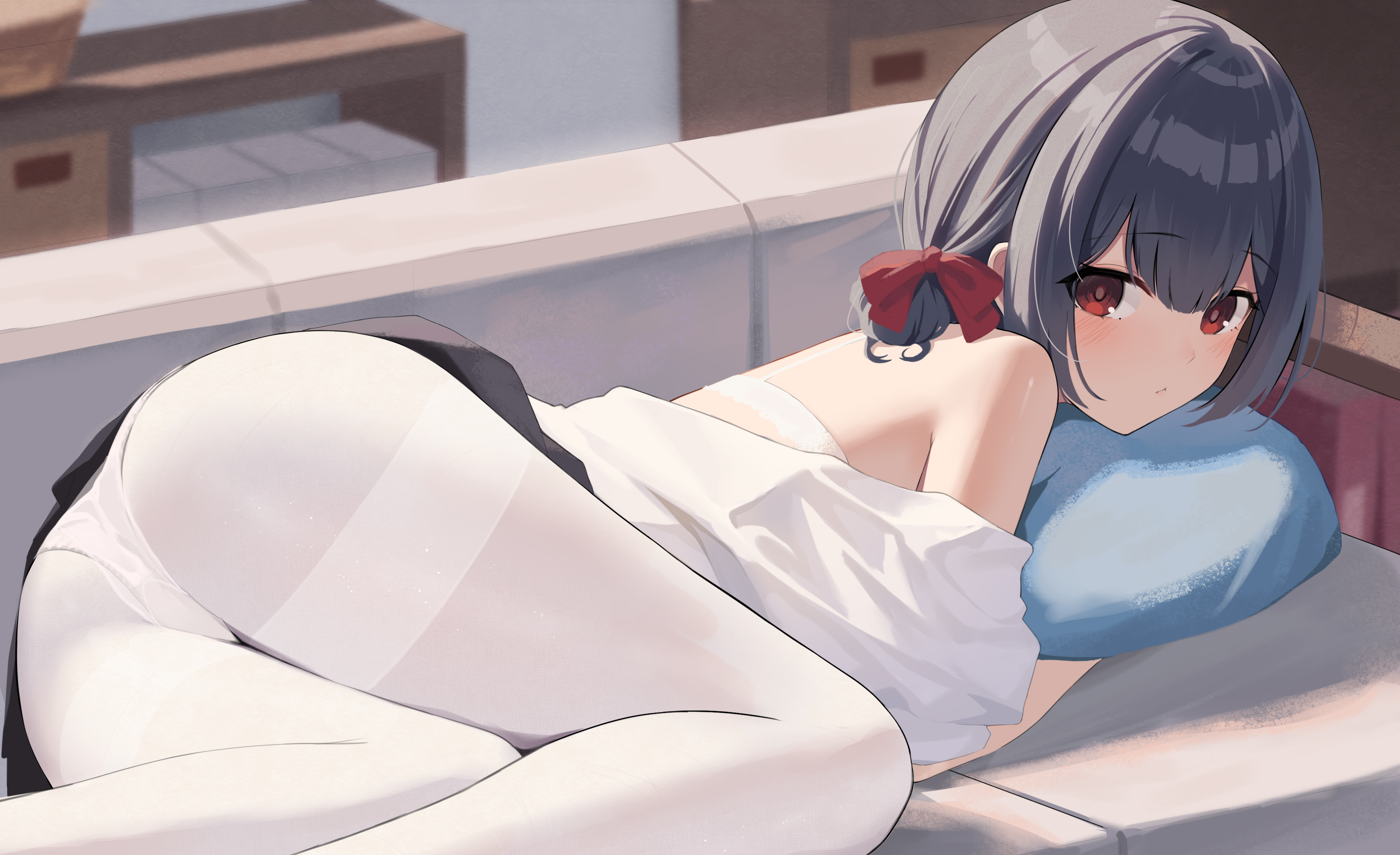 Anime 3508x2142 anime anime girls ass legs panties pantyhose Rinze Morino THE iDOLM@STER: Shiny Colors THE iDOLM@STER GIn00 red eyes looking at viewer blushing short hair lying down lying on front couch pillow room indoors women indoors hair bows