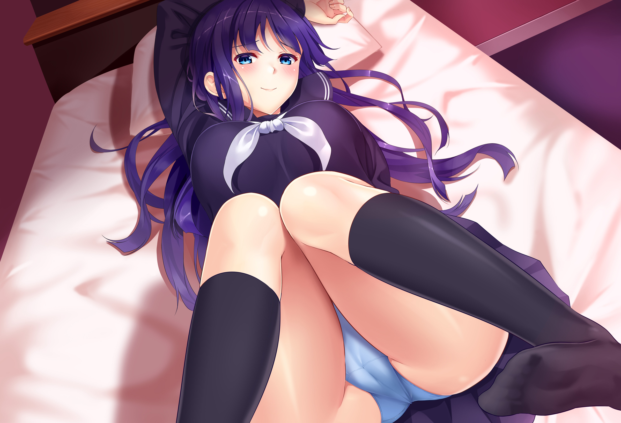 Anime 2400x1634 huyumitsu anime anime girls purple hair blue eyes panties cameltoe thighs legs together