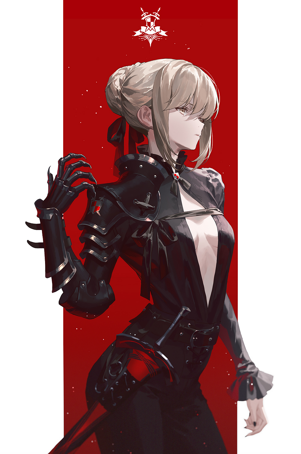 Anime 995x1500 fate/stay night: heaven's feel Fate series Fate/Stay Night hairbun french braids no bra cleavage belly thighs armored woman bangs underboob anime girls Artoria Pendragon Saber Alter Fate/Grand Order ecchi 2D portrait display anime blonde yellow eyes sheath parted lips fan art artwork Fajyobore