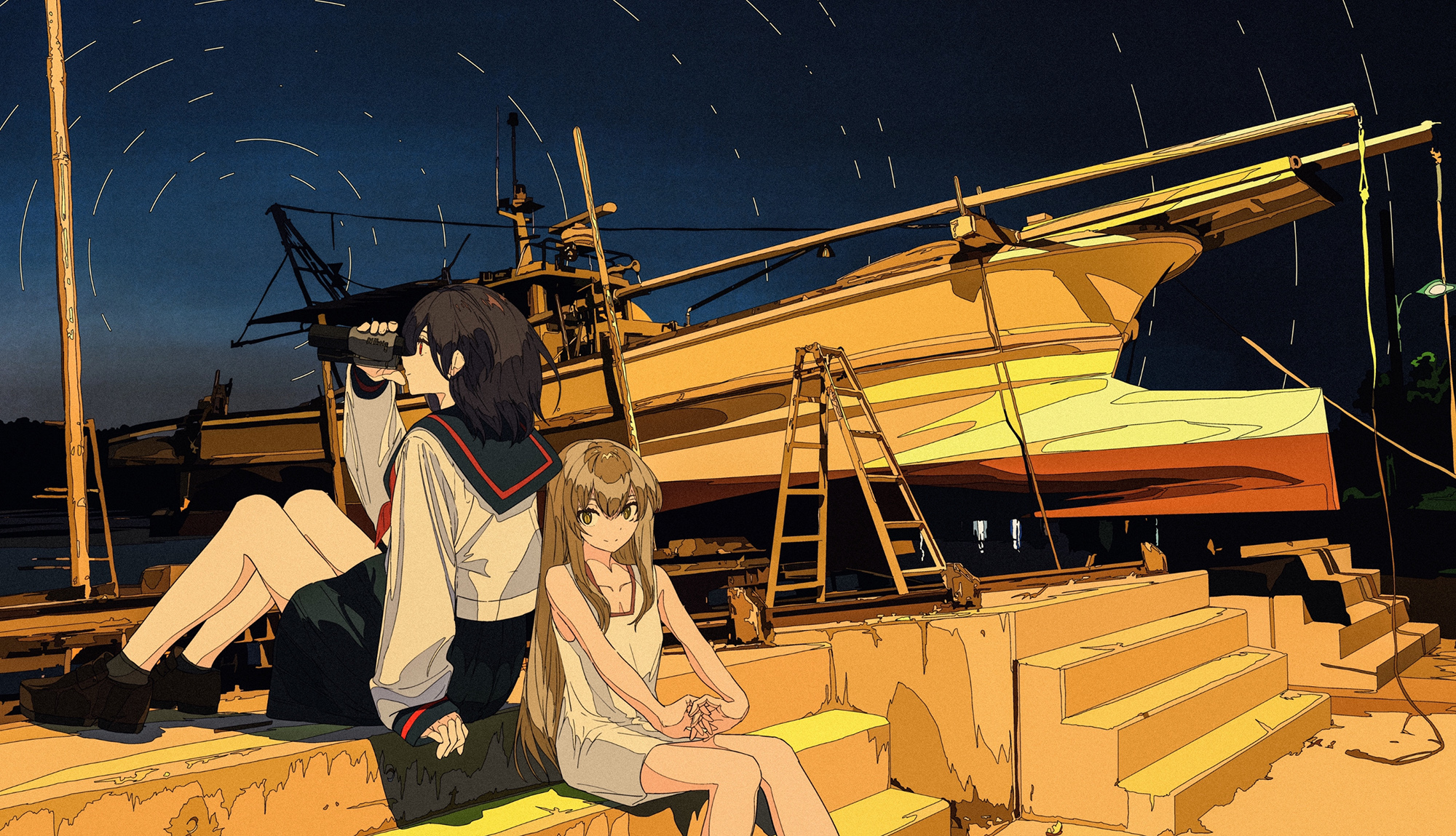 Anime 2000x1149 anime Cogecha artwork anime girls school uniform dress ship boat