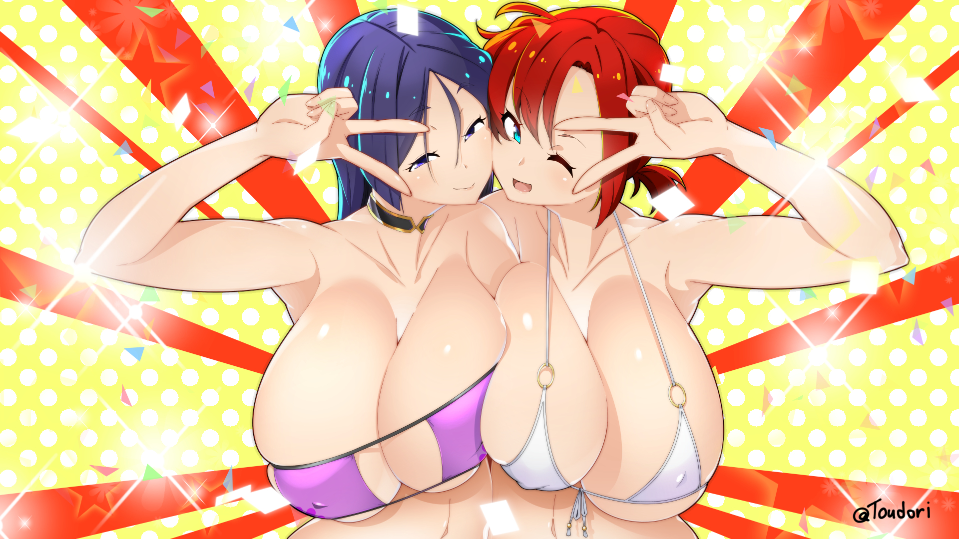 Anime 1920x1080 big boobs cleavage Fate series bikini anime girls huge breasts micro bikini Toudori Boudica (Fate/Grand Order) Minamoto no Raikou Fate/Grand Order