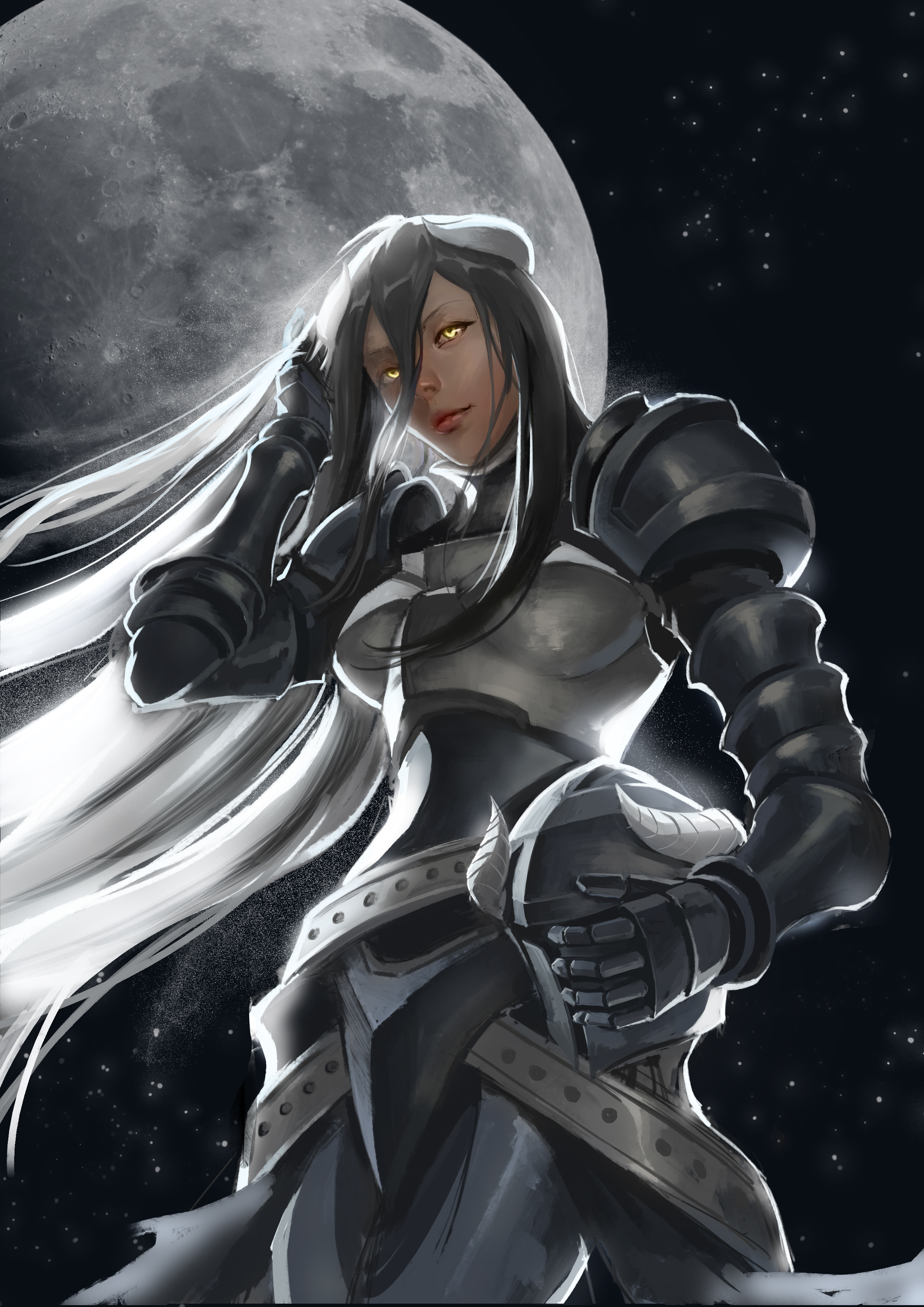 Anime 2480x3508 Overlord (anime) female warrior armored woman fantasy armor succubus demon girls monster girl smiling hair in face curvy hair blowing in the wind helmet moonlight starry night demon horns yellow eyes looking at viewer Albedo (OverLord) 2D portrait display black hair long hair touching hair anime fan art low-angle gauntlets greaves head tilt shiny hair women outdoors anime girls figure-hugging armor