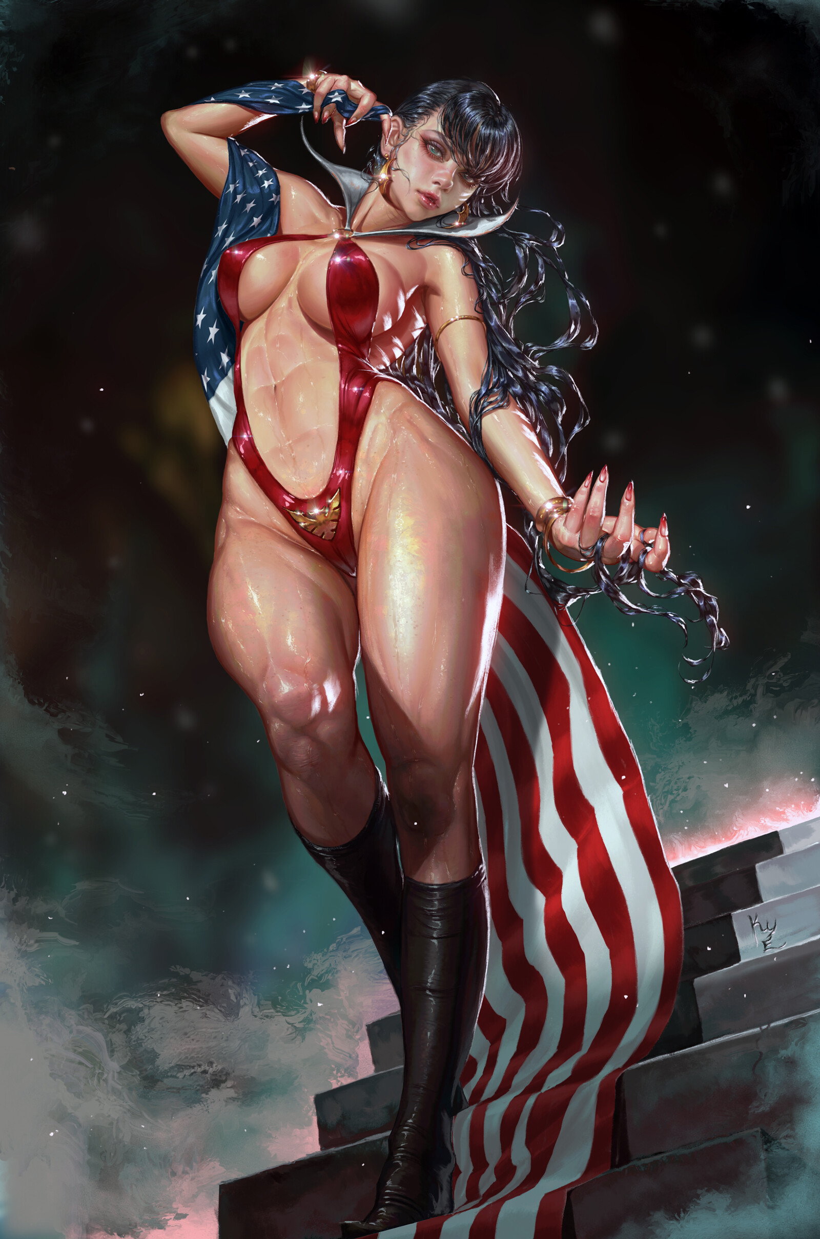 General 1600x2416 KyuYong Eom drawing Vampirella women dark hair long hair bodysuit red clothing American flag flag stairs low-angle swimwear wet digital art