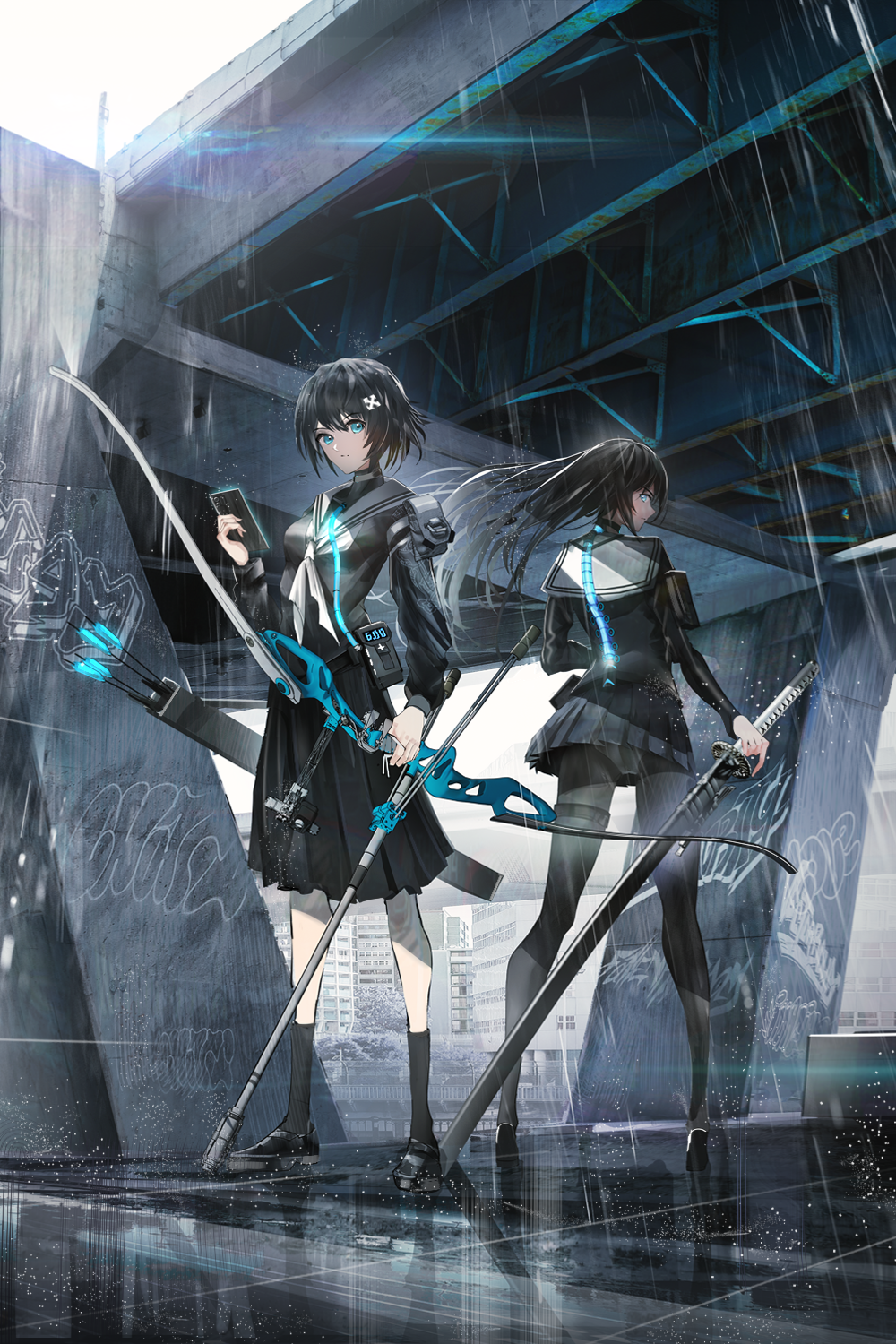Anime 1000x1500 anime anime girls SWAV rain sword portrait display bow school uniform
