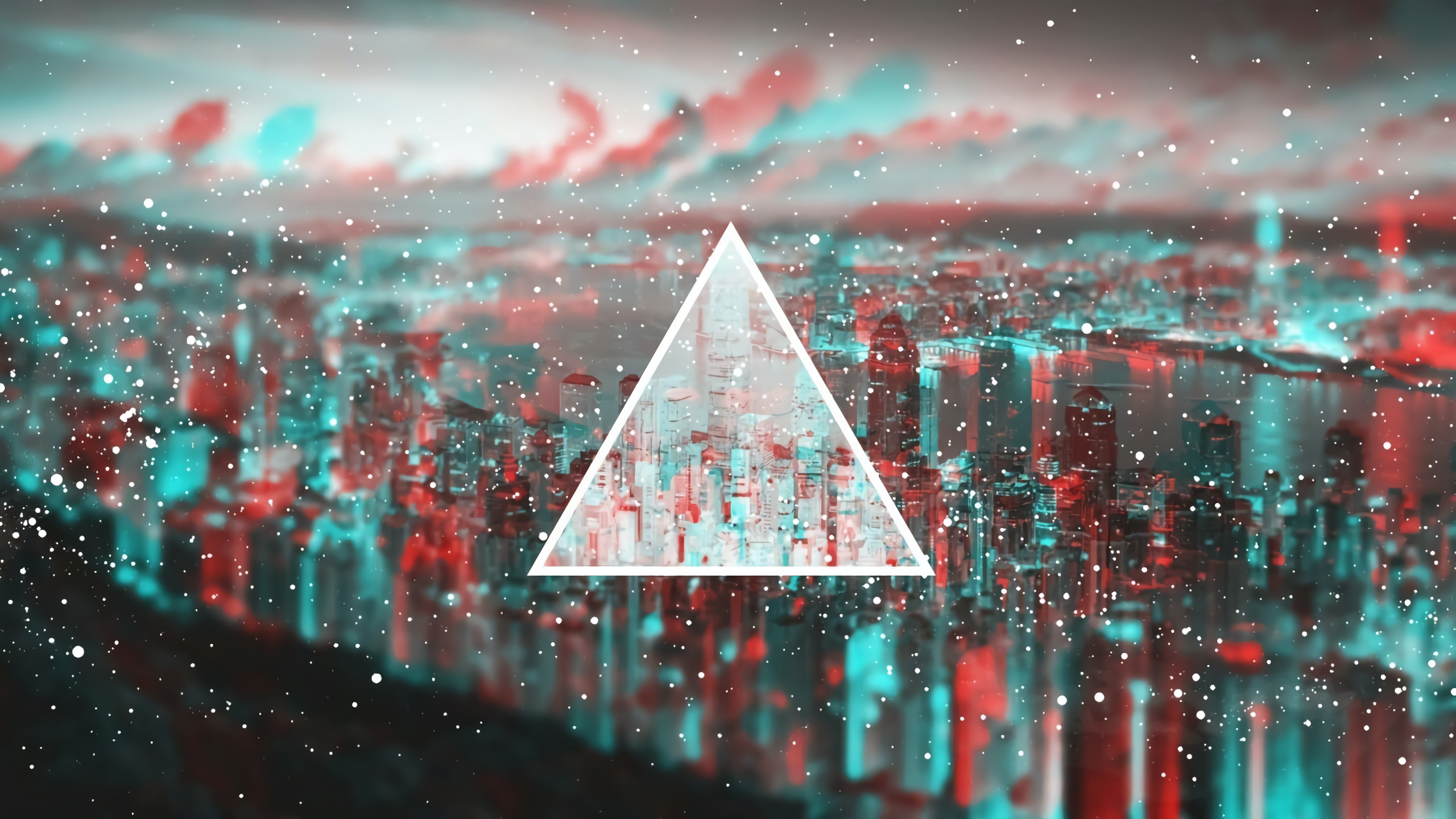 General 2560x1440 city triangle colorful inverted digital art floating particles cyan red
