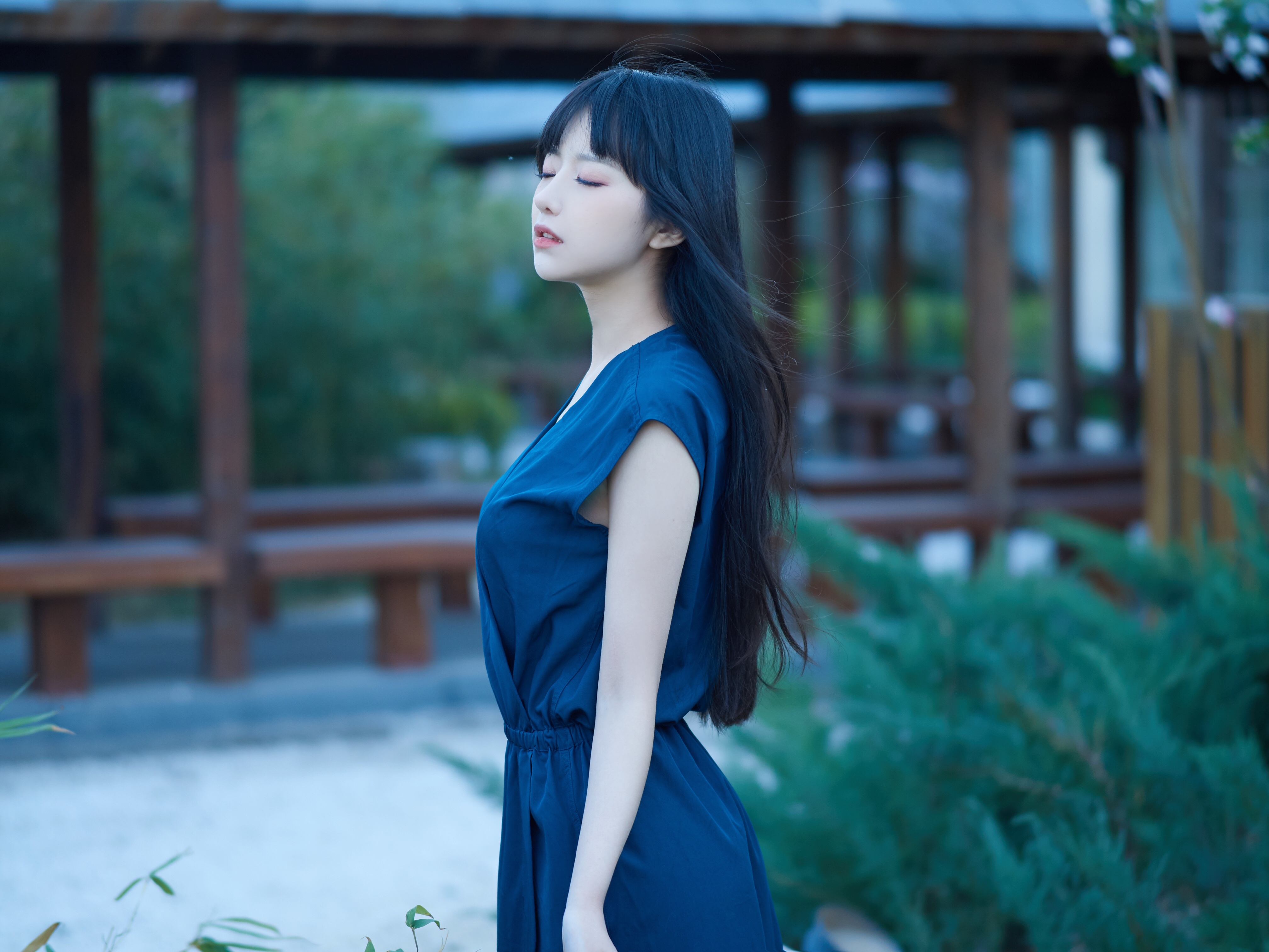 People 4032x3024 Asian dress outdoors long hair black hair blue dress women Shika XiaoLu