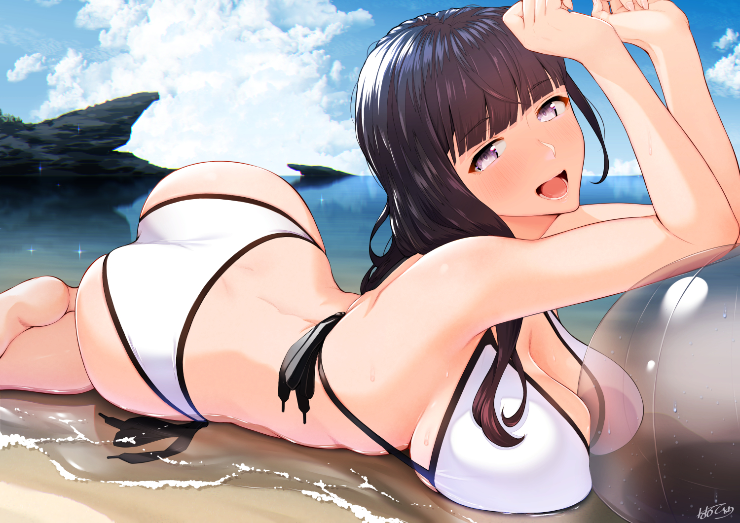 Anime 1500x1061 anime anime girls digital art artwork portrait Nanahime beach dark hair bikini cleavage big boobs