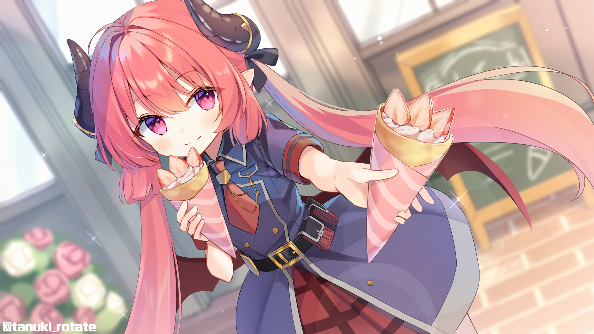 Anime 1920x1080 anime anime girls blue archive horns twintails redhead purple eyes food sweets long hair pointy ears