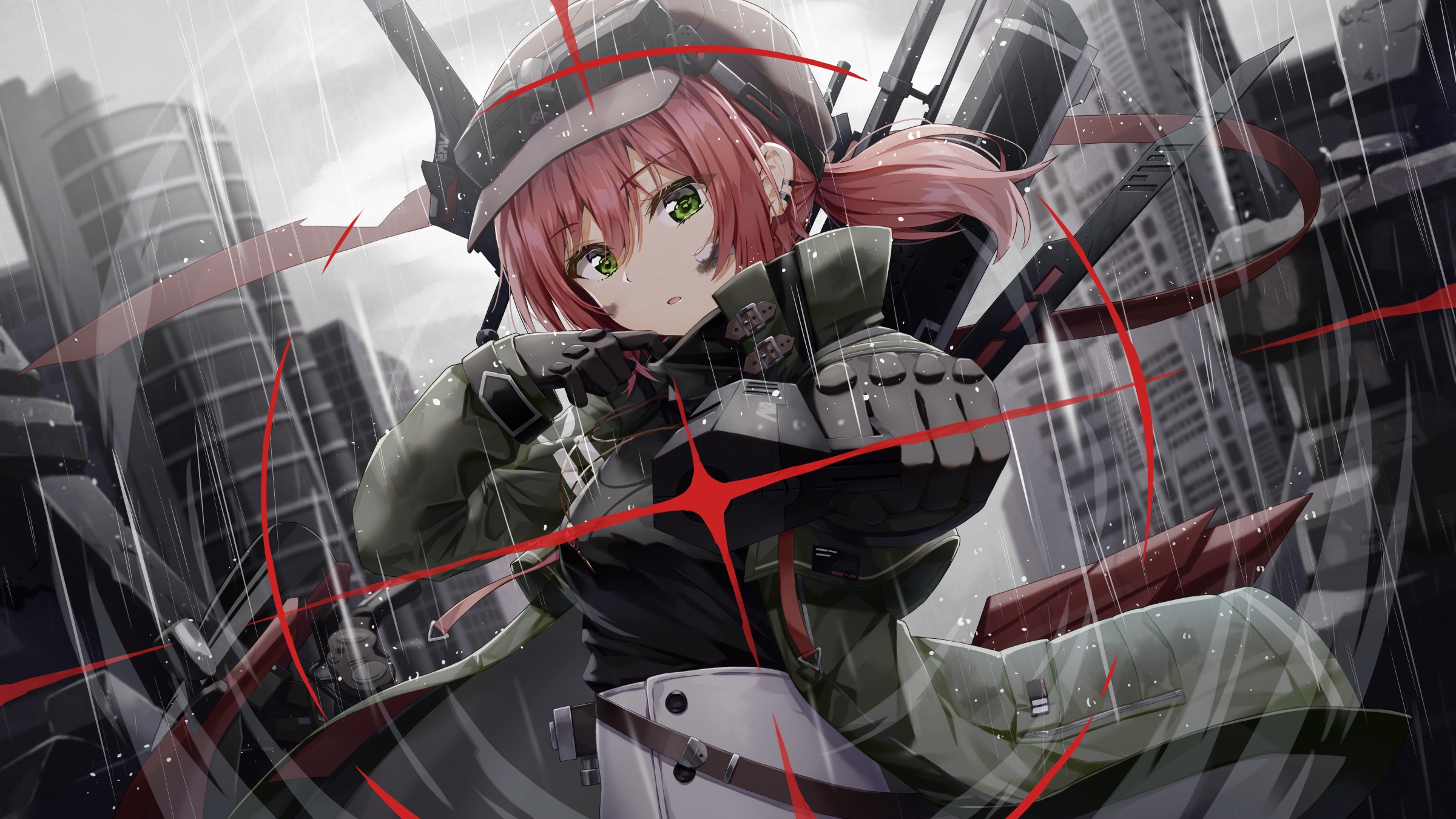 Anime 2400x1350 anime anime girls green eyes redhead gun weapon aiming girls with guns rain artwork Kuria at gunpoint centered