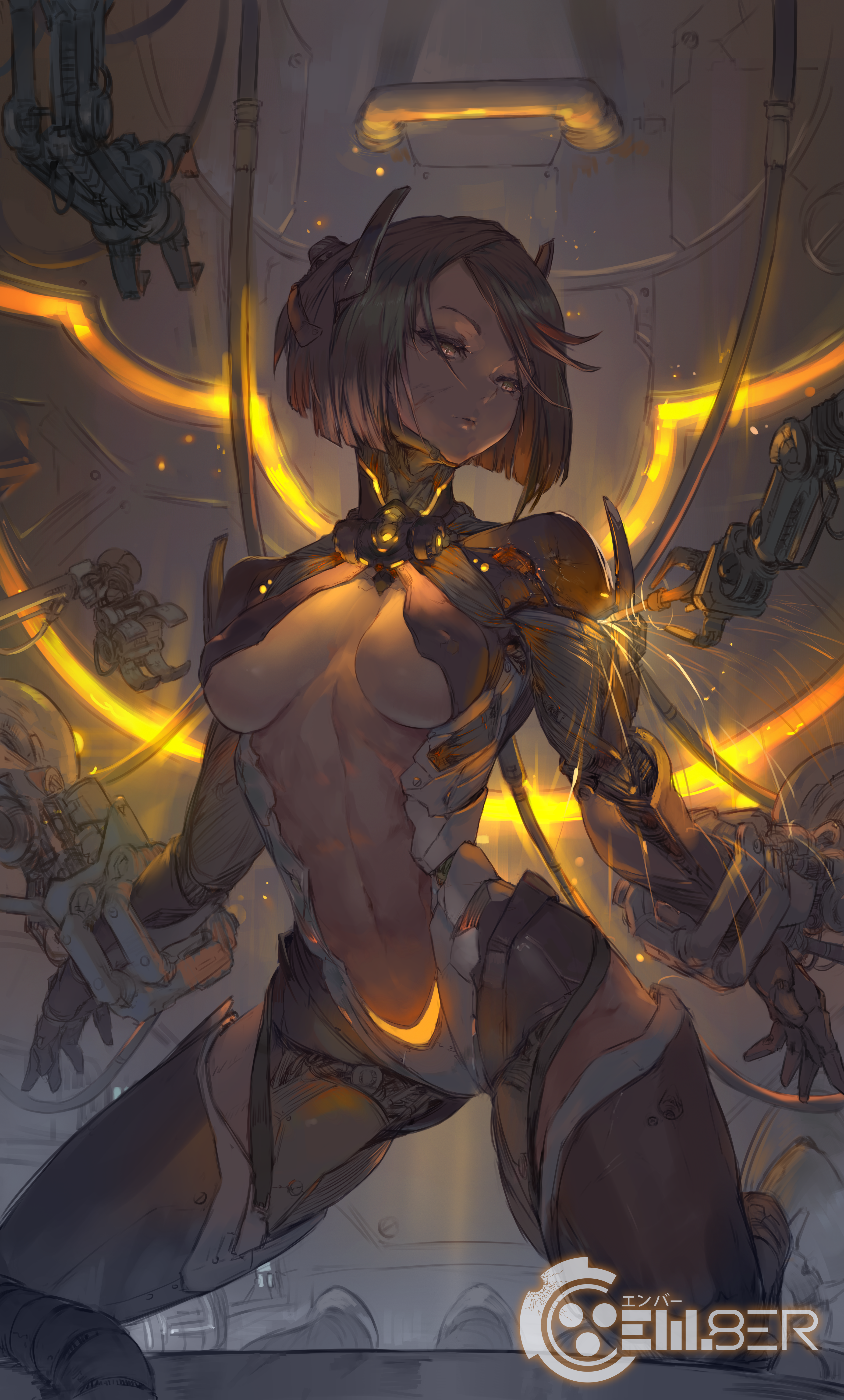 Anime 3614x6000 Em8ER original characters video games cleavage underboob belly cyborg science fiction sparks looking at viewer glowing fantasy girl 2D artwork drawing illustration Cutesexyrobutts