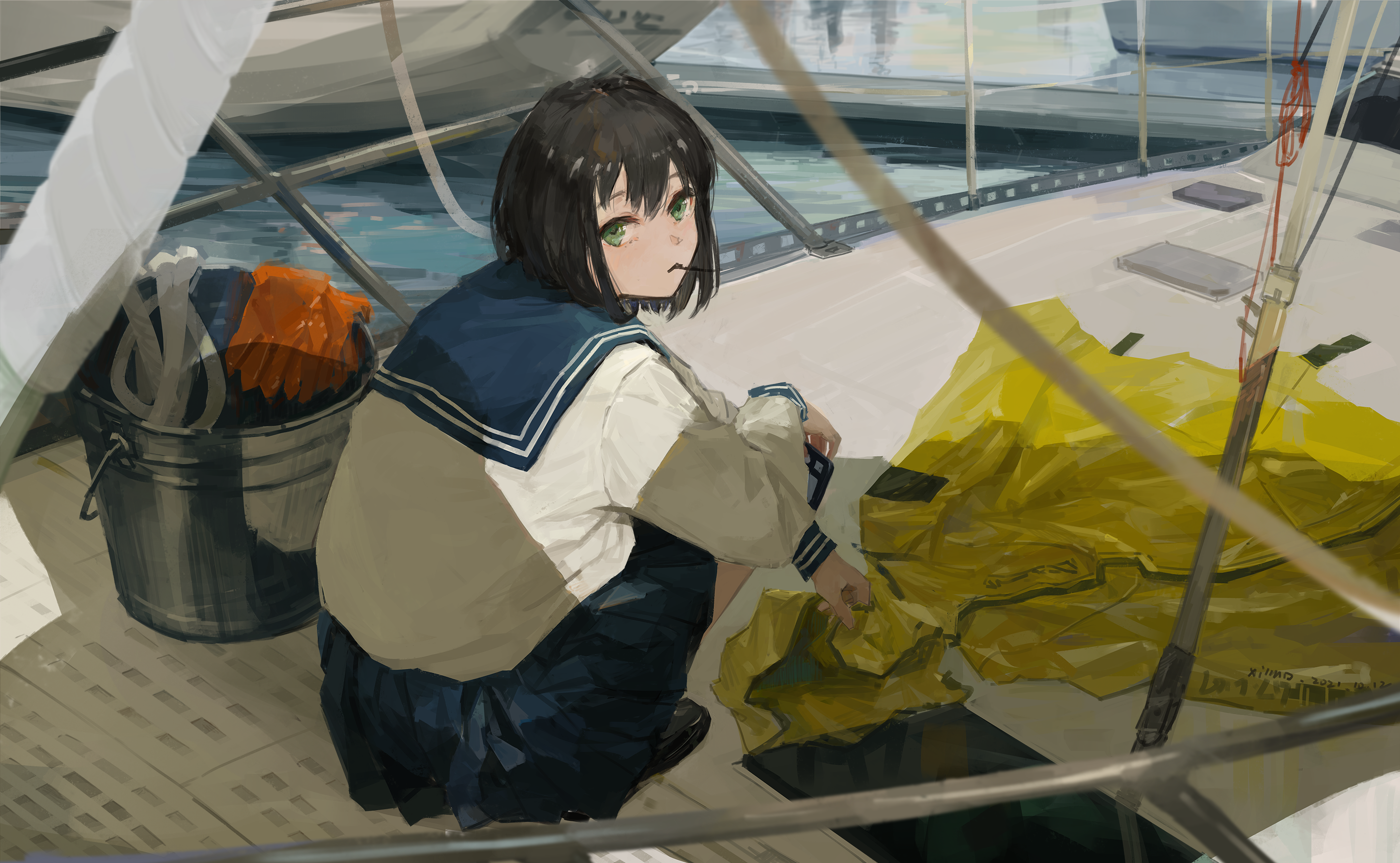 Anime 2892x1782 anime anime girls black hair squatting green eyes boat vehicle looking at viewer artwork XilmO