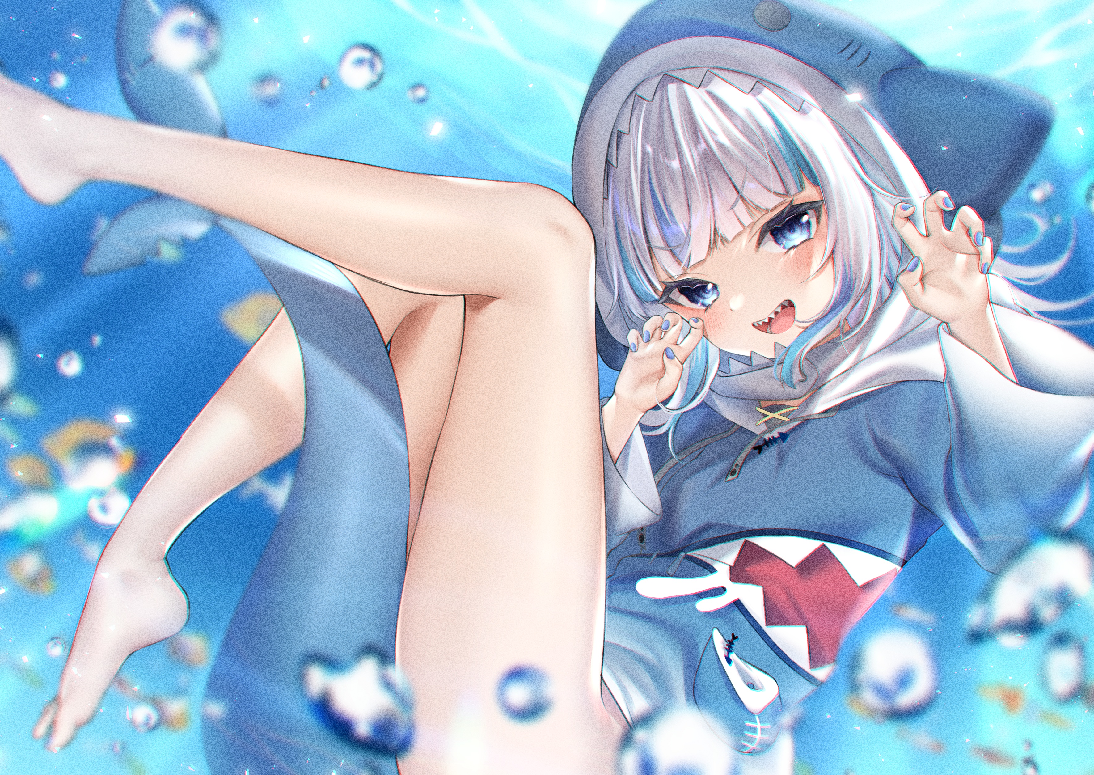 Anime 3541x2508 anime anime girls Hololive Gawr Gura Virtual Youtuber Buta Tamako artwork underwater tail silver hair blue eyes