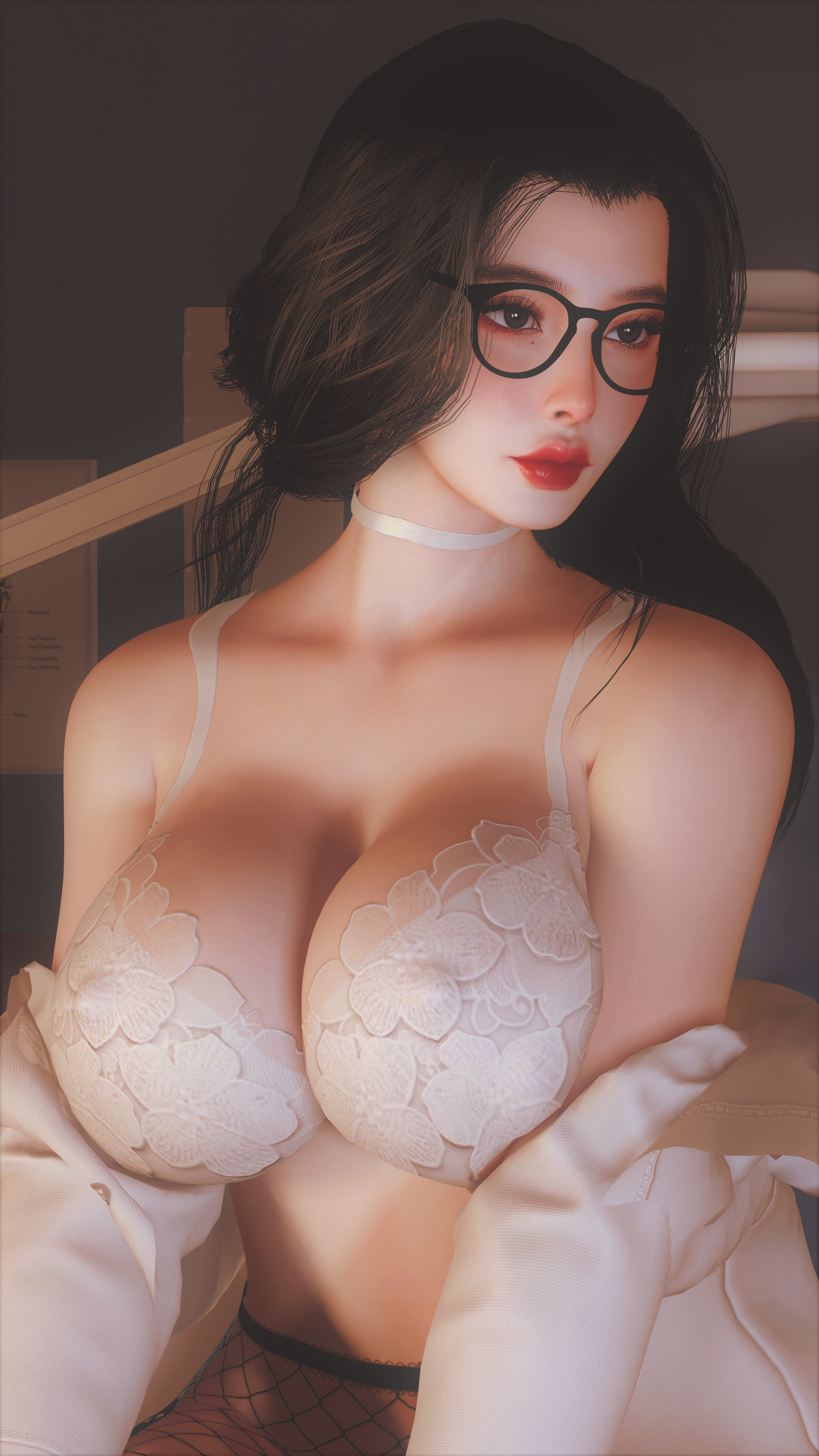 women, big boobs, open shirt, CGI, artwork, bra, glasses | 2160x3840  Wallpaper - wallhaven.cc