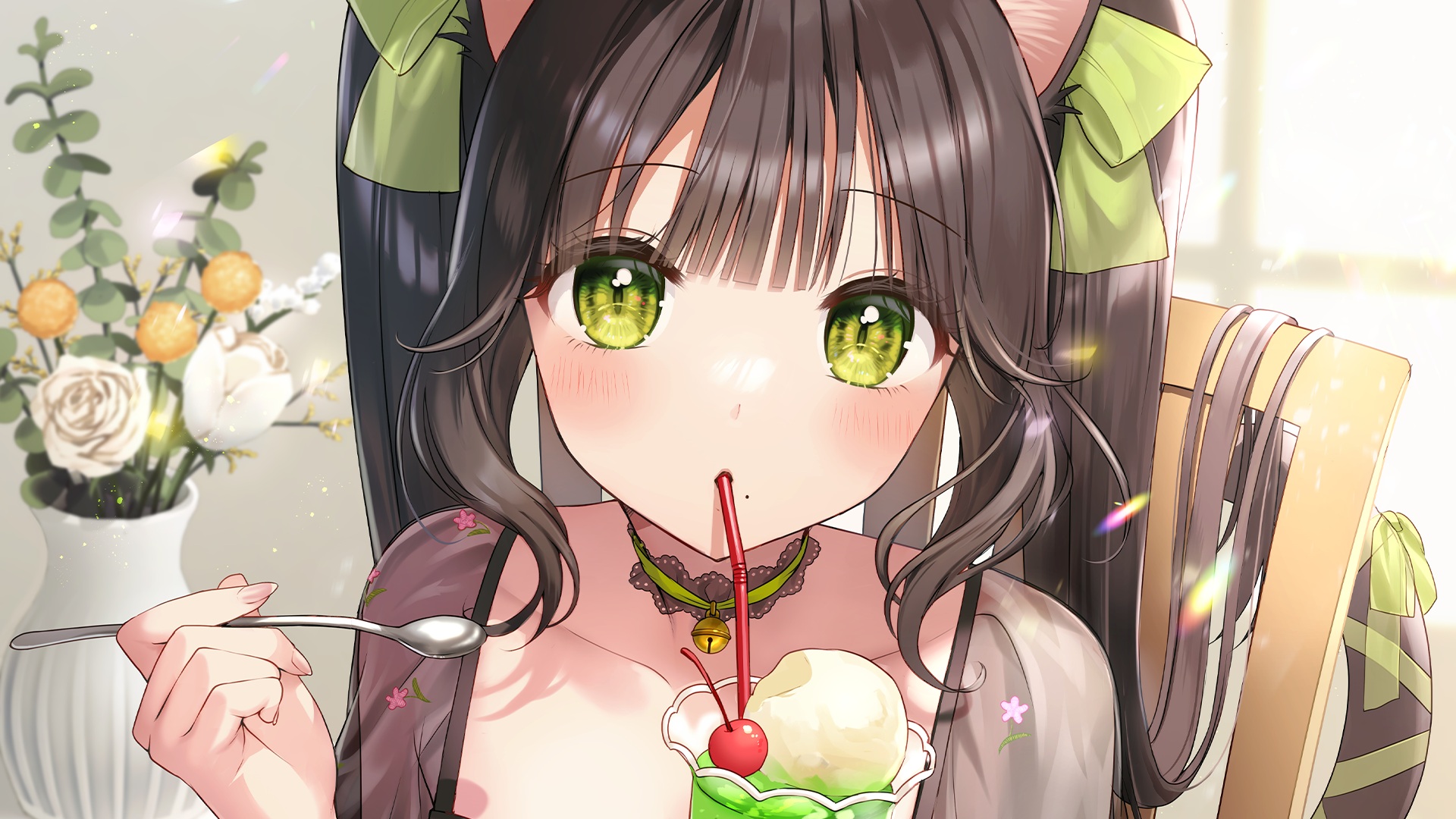 Anime 1920x1080 anime anime girls green eyes drink ice cream collar animal ears cat ears cat girl brunette Emori Miku