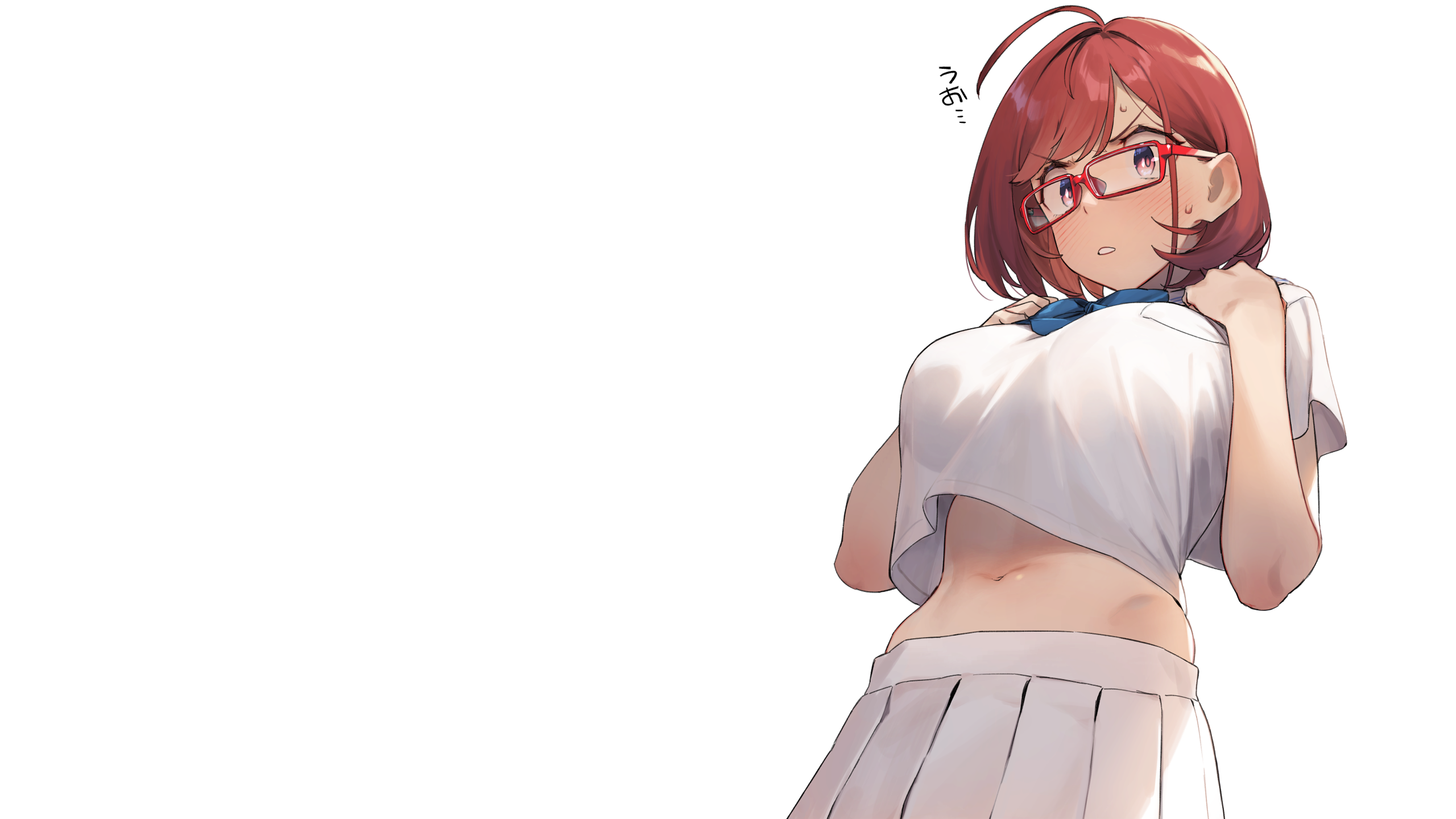 Anime 2560x1440 anime anime girls simple background blushing glasses meganekko pleated skirt crop top miyabi92 white background
