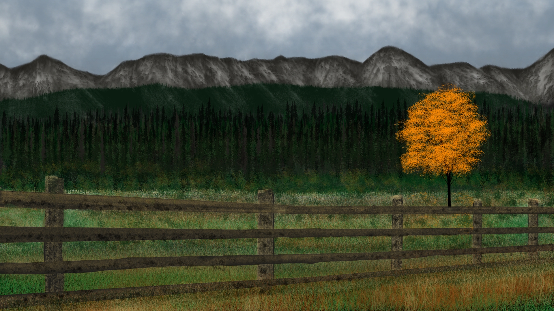 General 1920x1080 digital painting nature fence trees mountains