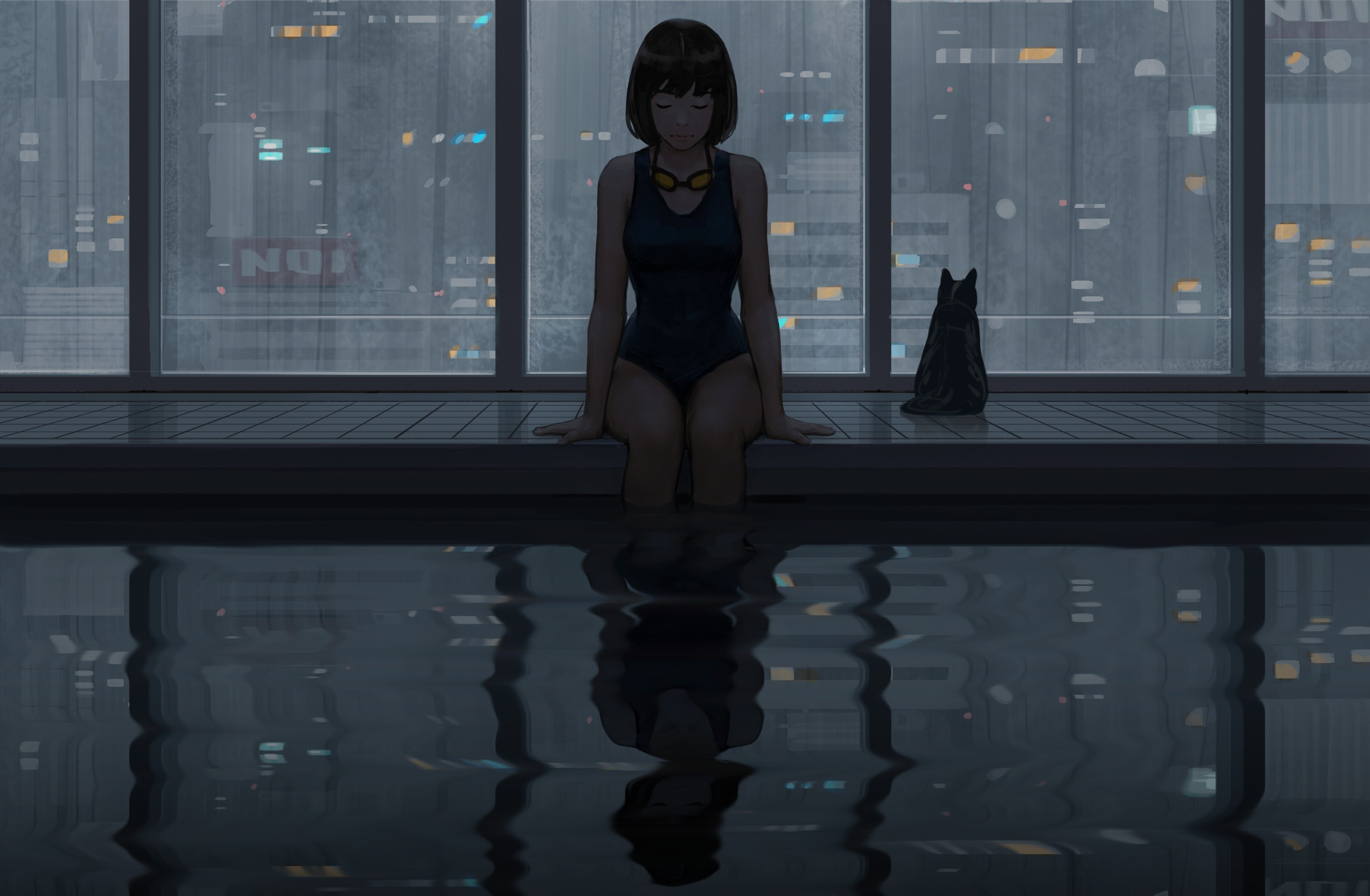 Anime 3277x2144 anime anime girls cats original characters artwork GUWEIZ cropped swimming pool one-piece swimsuit