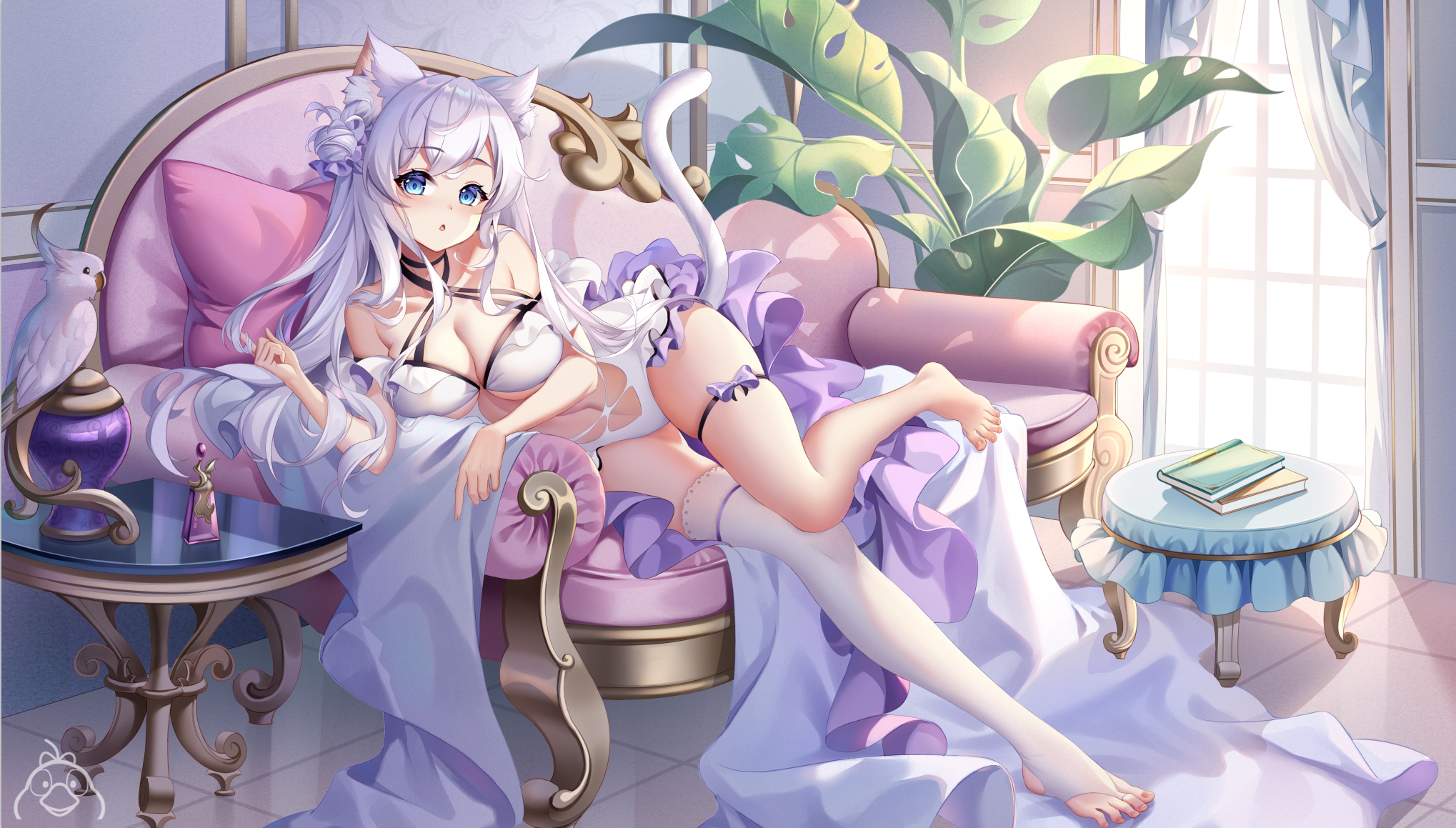 Anime 2038x1159 anime anime girls tail indoors couch animal ears cat girl silver hair blue eyes big boobs cleavage skimpy clothes Yue Xiao E