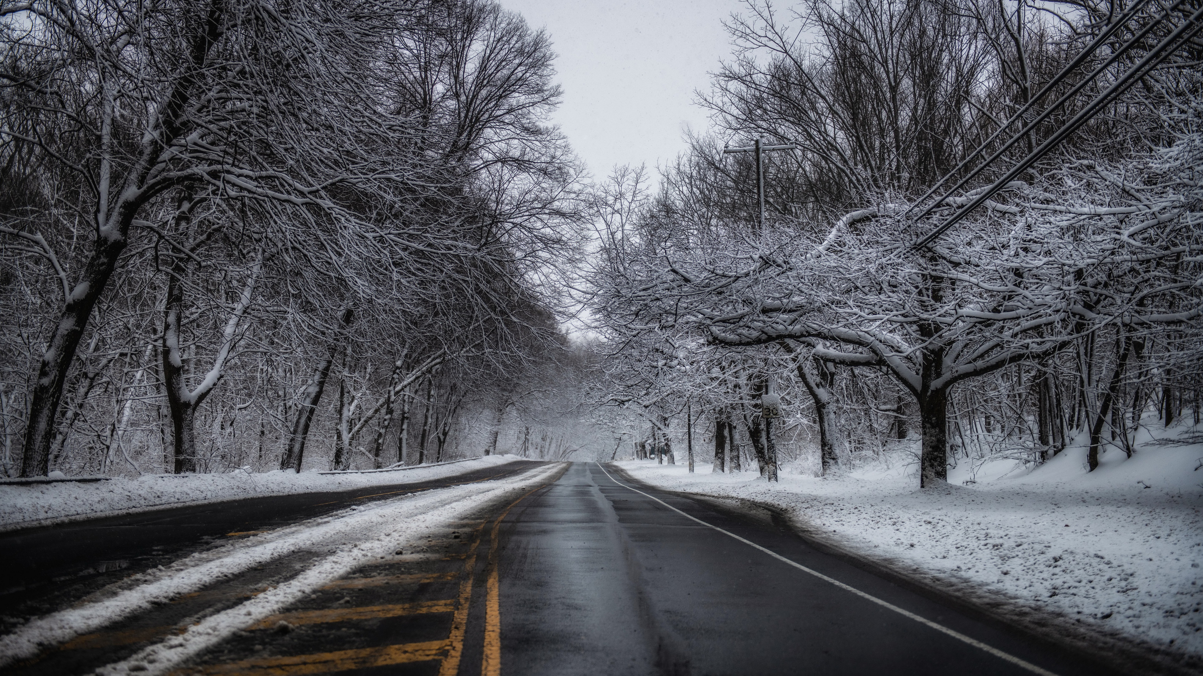 General 3840x2160 outdoors trees winter cold ice snow road asphalt