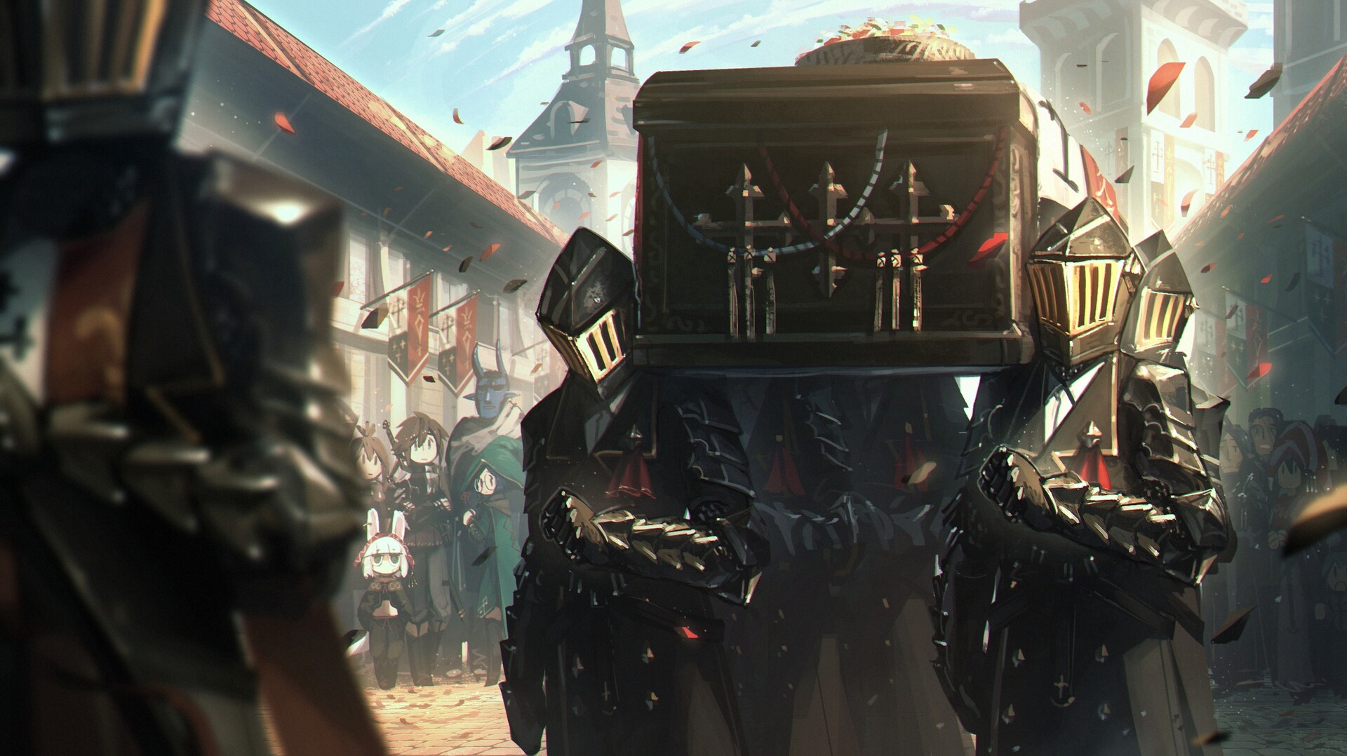 Anime 1920x1078 digital art fantasy art Porforever fantasy armor coffins fantasy city Funeral
