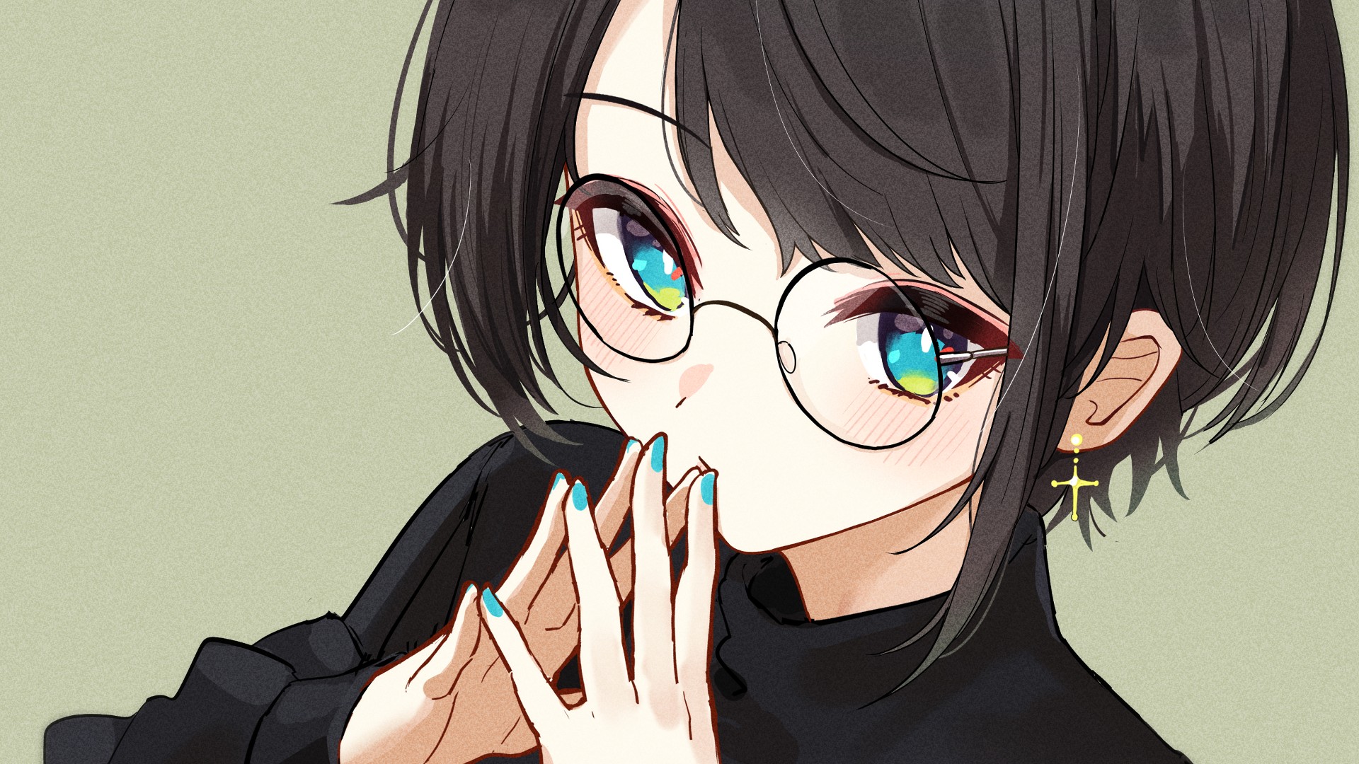 Anime 1920x1080 Oozora Subaru Hololive anime girls glasses Virtual Youtuber earring looking at viewer short hair dark hair painted nails multi-colored eyes blushing simple background closeup blue nails