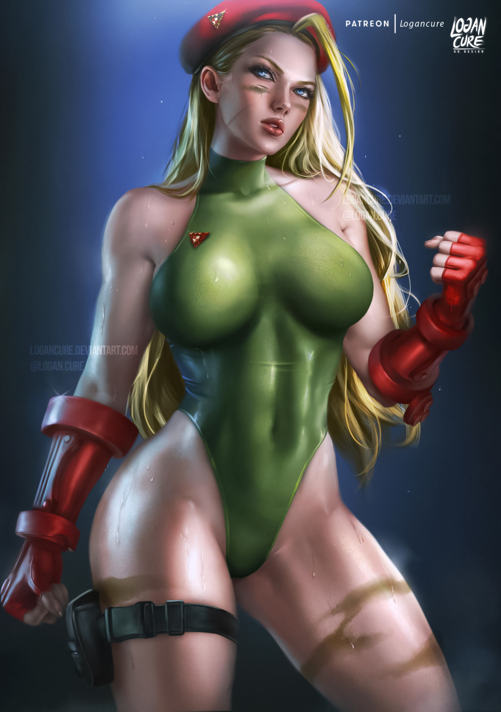 General 1024x1455 Logan Cure drawing Street Fighter women Cammy White blonde hat bodysuit green clothing face paint holster gloves simple background