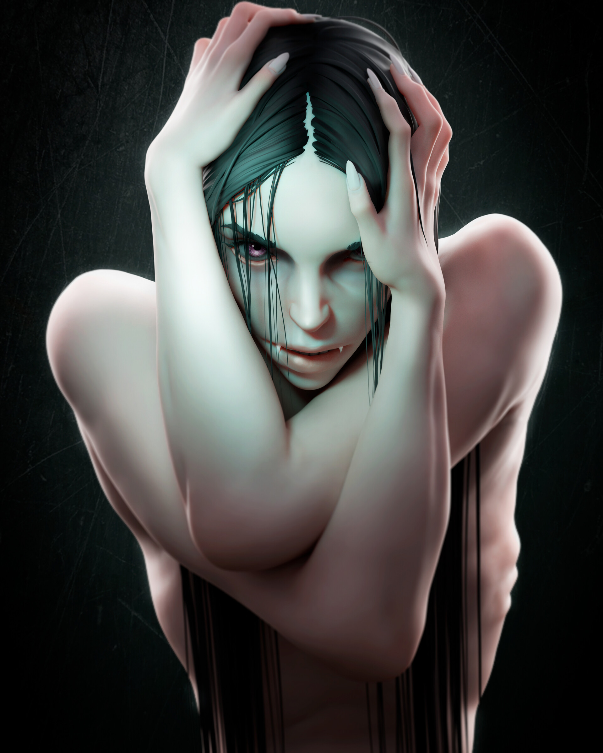 General 1920x2400 Daniel Moudatsos artwork creature women vampires face fangs black hair looking at viewer dark background Terror