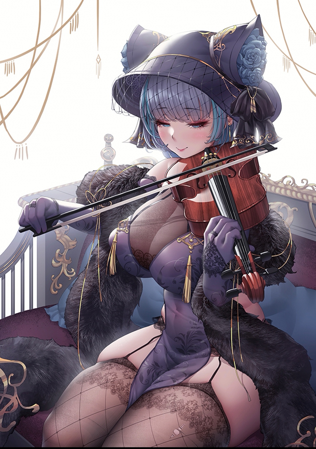 Anime 1080x1533 Azur Lane Rhasta Cheshire (Azur Lane) blue eyes blushing smiling blunt bangs hat looking away short hair earring violin elbow gloves sitting portrait display simple background lingerie bare shoulders thick thigh sheer clothing huge breasts cleavage thigh-highs garter straps anime girls Skindentation anime boobs multi-colored hair Chinese dress bright musical instrument thighs fur