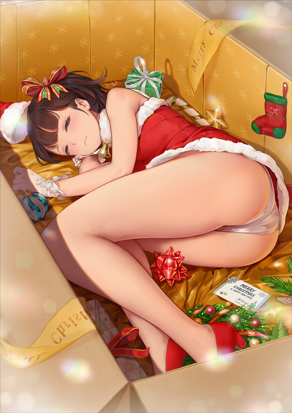 Anime 1000x1415 anime girls ass panties artwork Christmas Bigxixi Christmas clothes in box lying down lying on side blushing looking at viewer socks Christmas ornaments  gloves portrait display brunette closed mouth hair ribbon high heels cardboard box cardboard earring candy cane jewelry ribbon bells