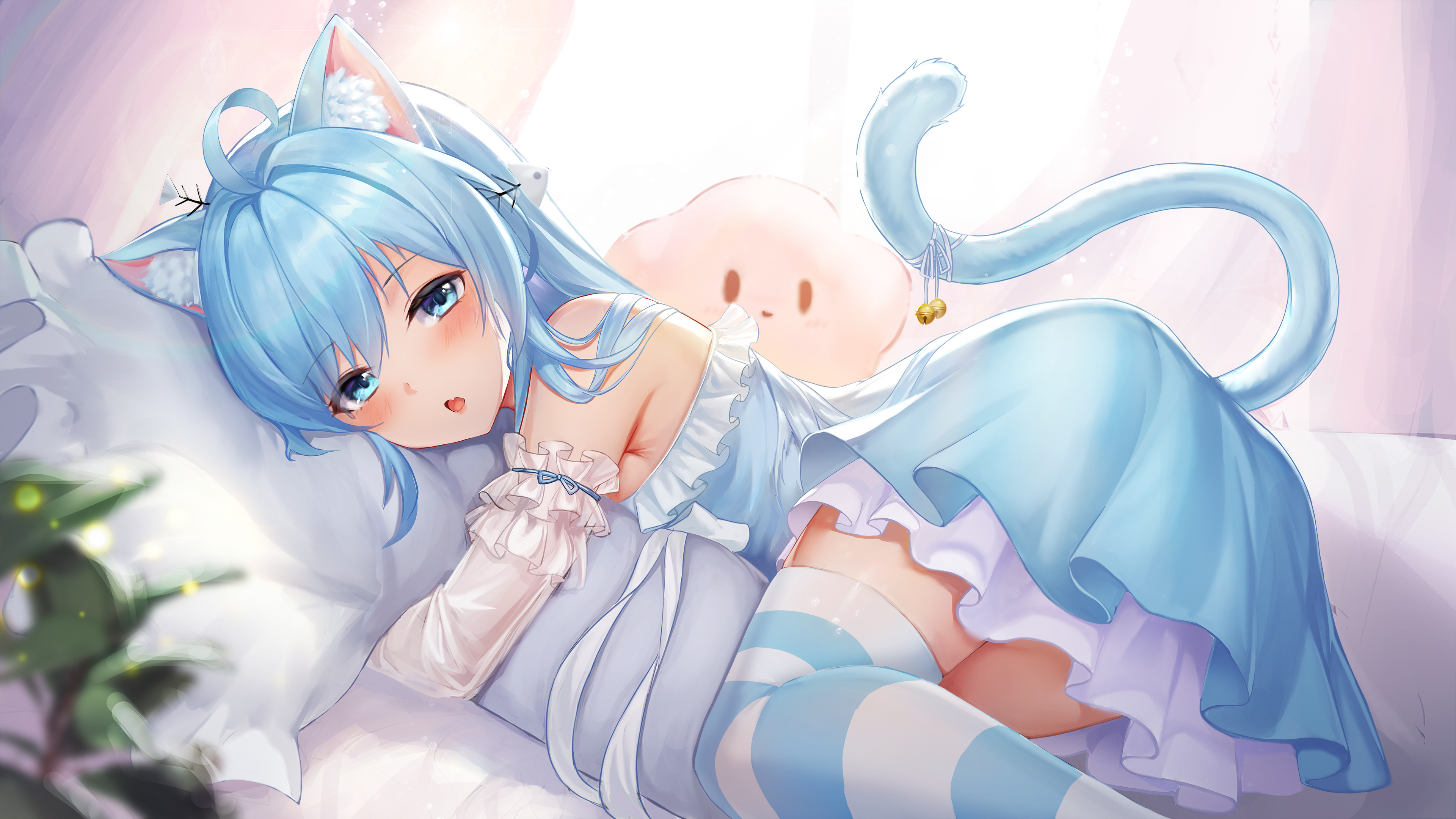Anime 3840x2160 anime anime girls cat girl animal ears in bed blushing tail blue hair blue eyes pillow hug thigh-highs dress artwork Sramy
