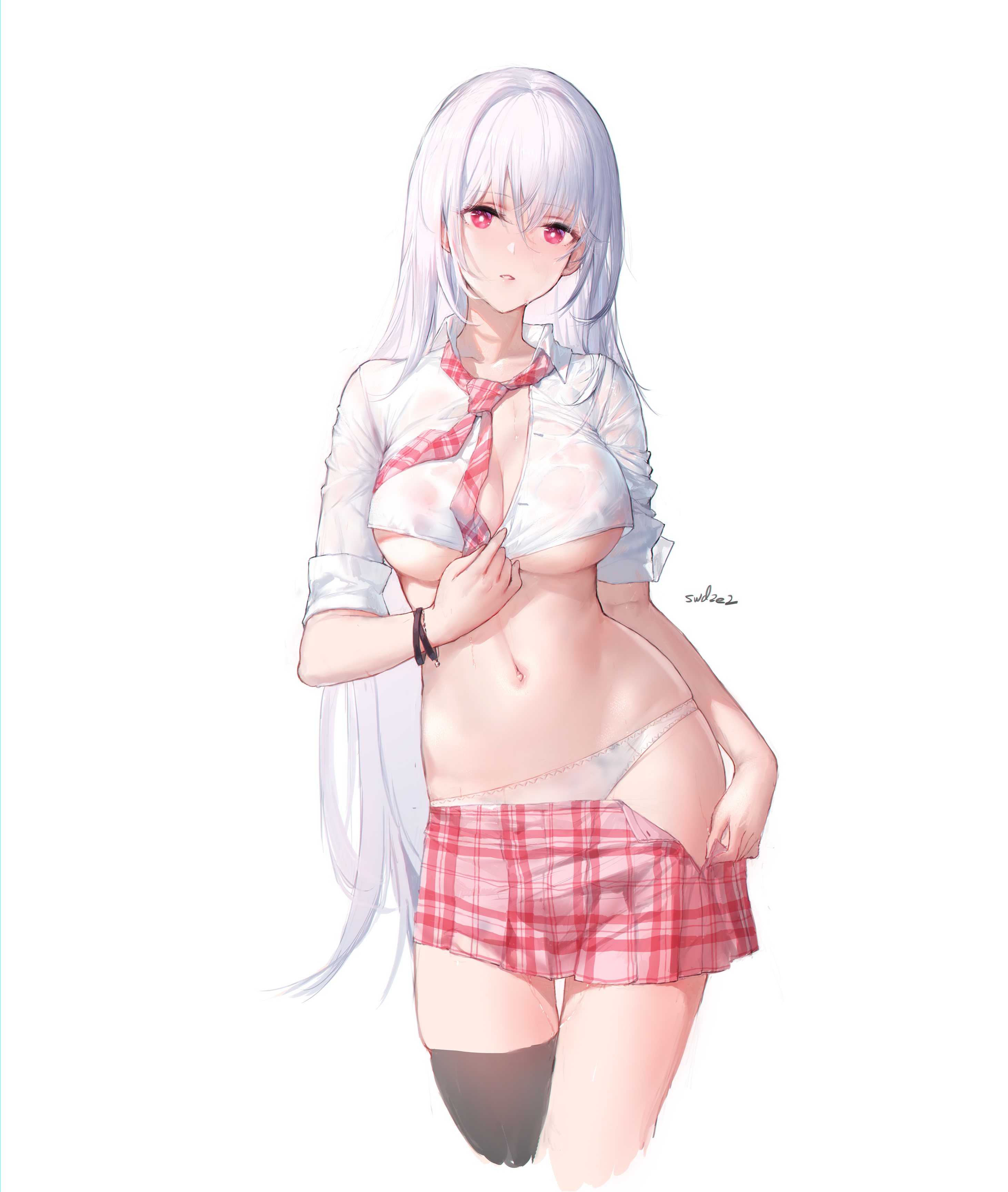 Anime 2923x3455 Swd3e2 anime girls anime white background simple background red eyes white hair big boobs underboob no bra panties open clothes Mirae (Closers) Closers undressing Pixiv text